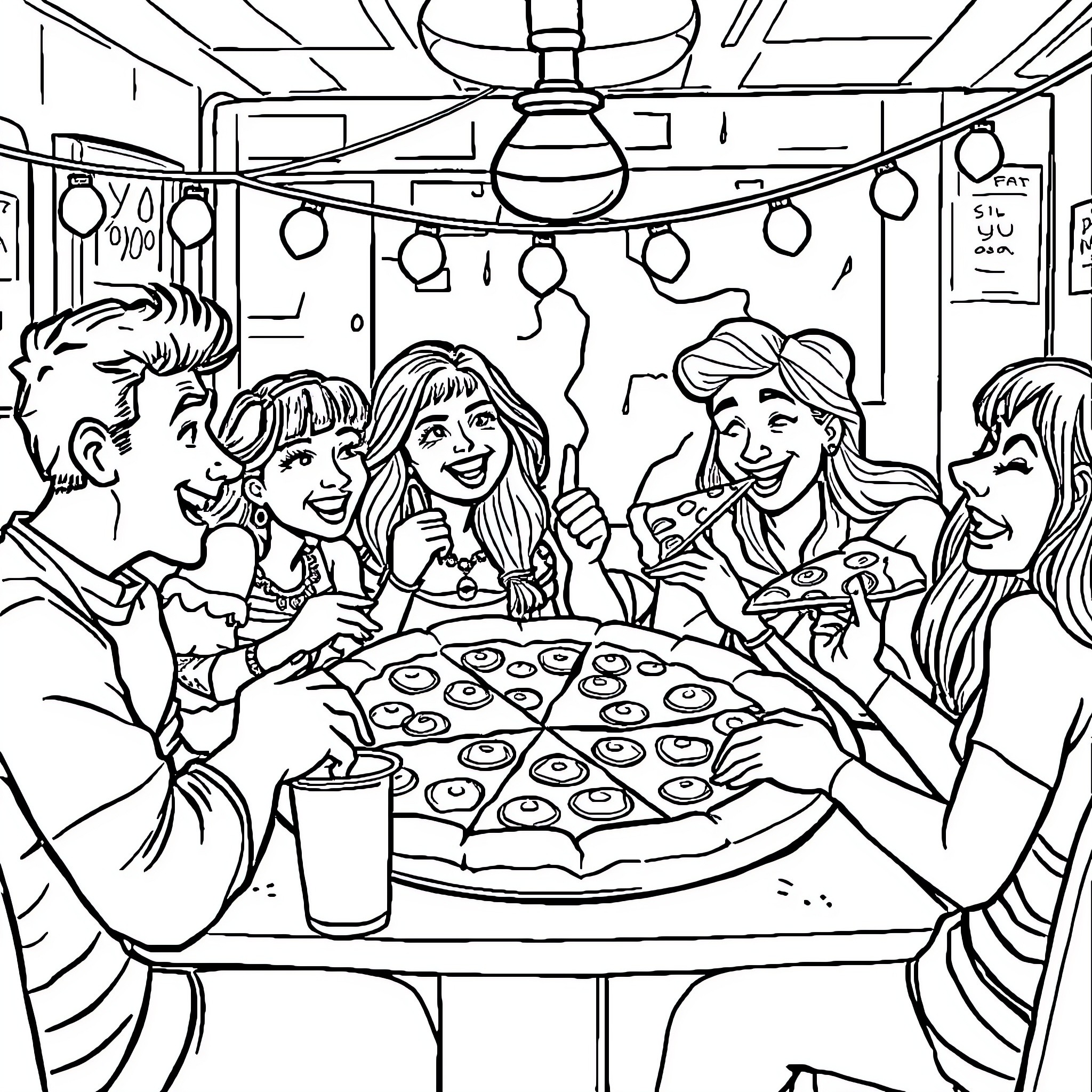 Pizza Party with Friends Enjoying the Moment Coloring Page (free black-and-white line drawing printable PDF for all, from beginners to advanced learners, including children, teens, adults, and seniors)