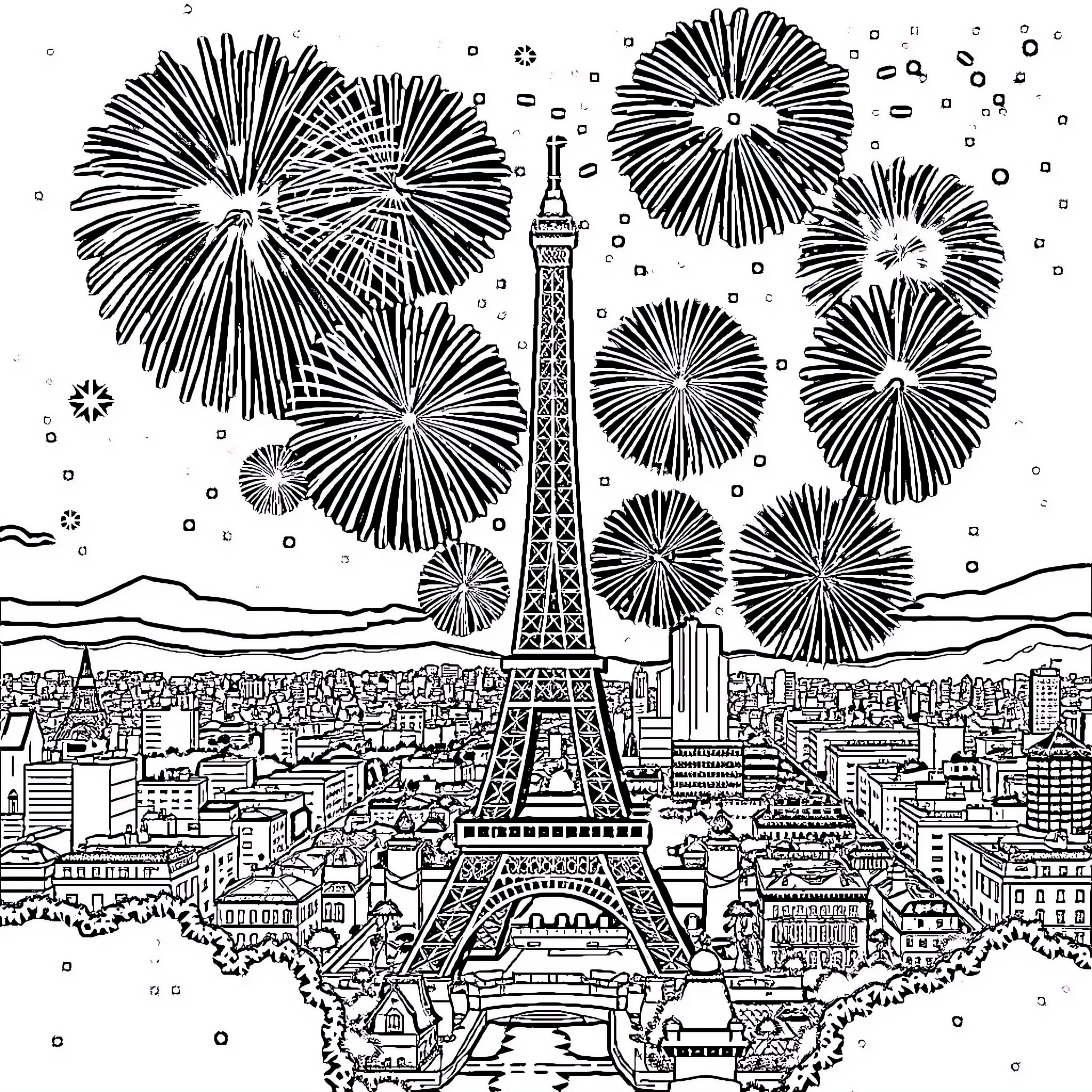 Paris skyline with fireworks display Coloring Page (free black-and-white line drawing printable PDF for all, from beginners to advanced learners, including children, teens, adults, and seniors)
