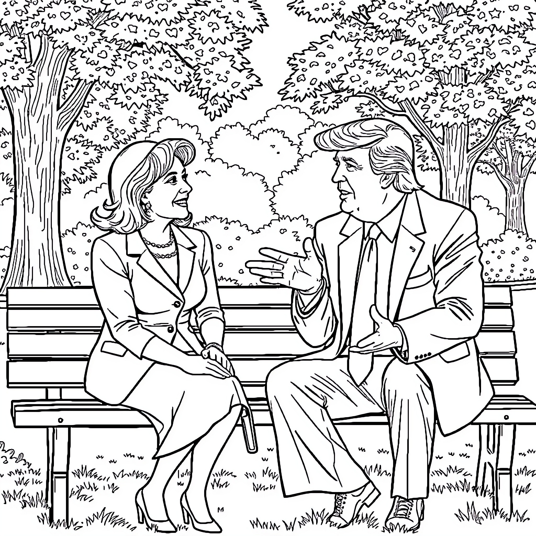 Virginia Miller and companion relaxing on a park bench Coloring Page (free black-and-white line drawing printable PDF for all, from beginners to advanced learners, including children, teens, adults, and seniors)