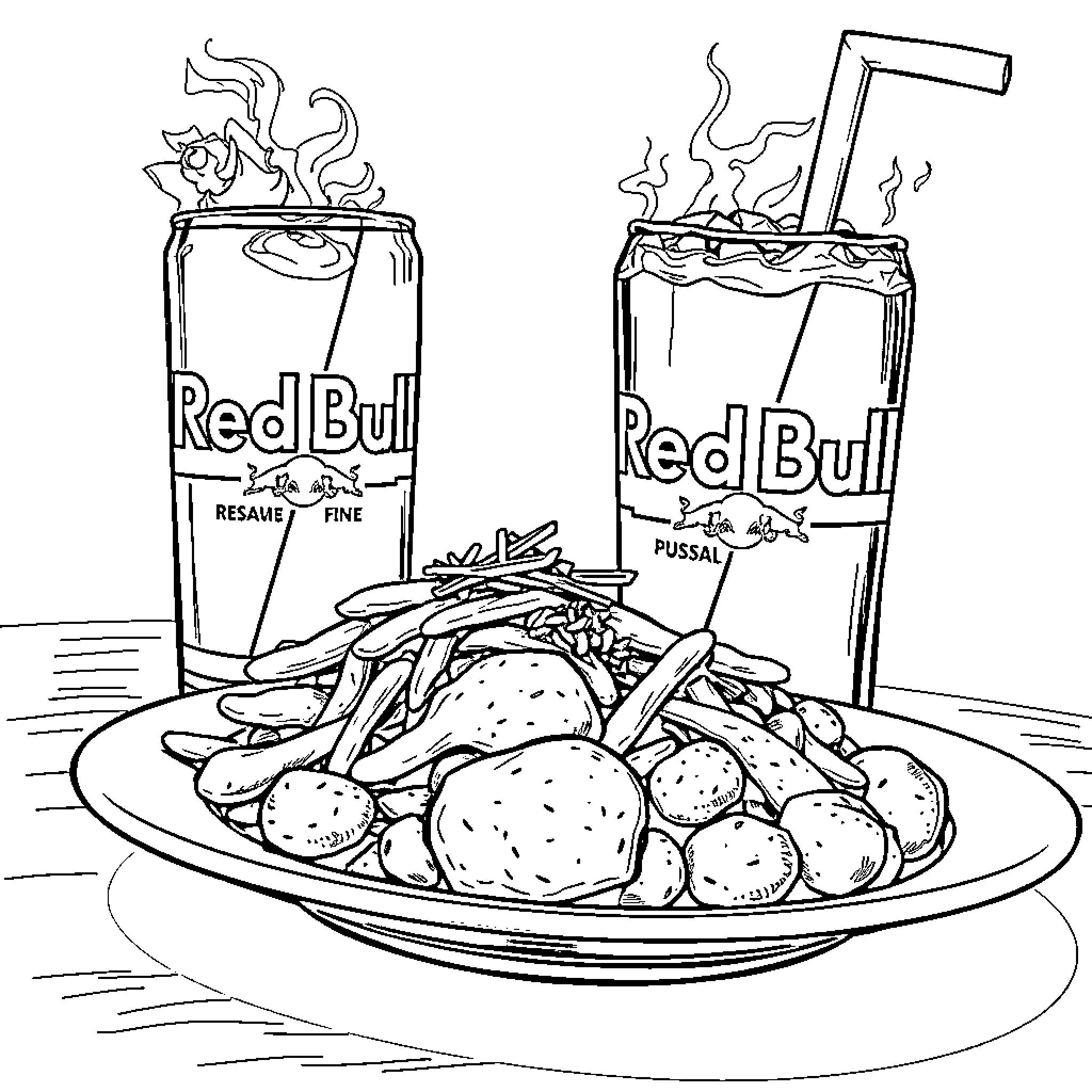 Food and Energizing Drinks Coloring Page (free black-and-white line drawing printable PDF for all, from beginners to advanced learners, including children, teens, adults, and seniors)