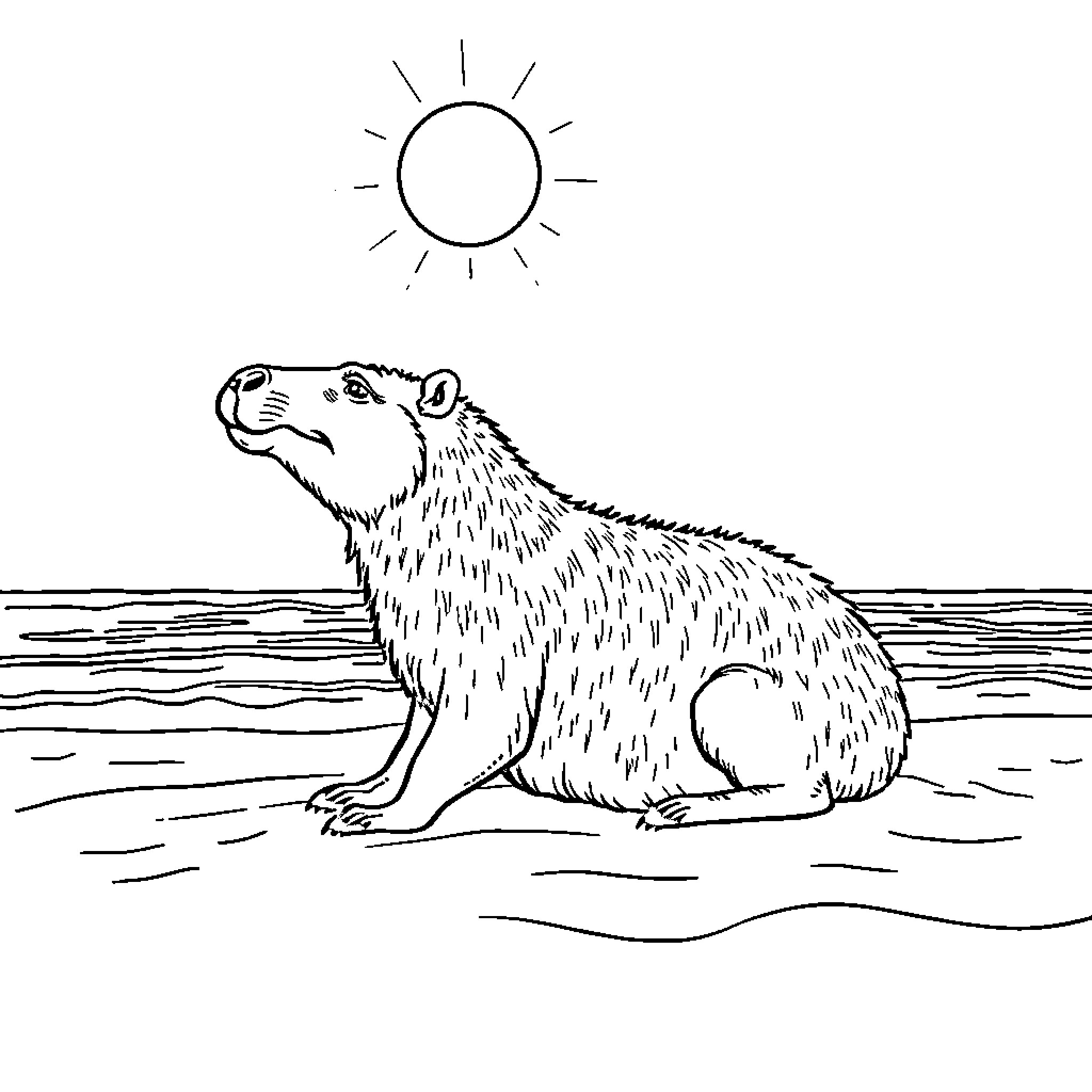 Capybara lounging under the sun Coloring Page (free black-and-white line drawing printable PDF for all, from beginners to advanced learners, including children, teens, adults, and seniors)
