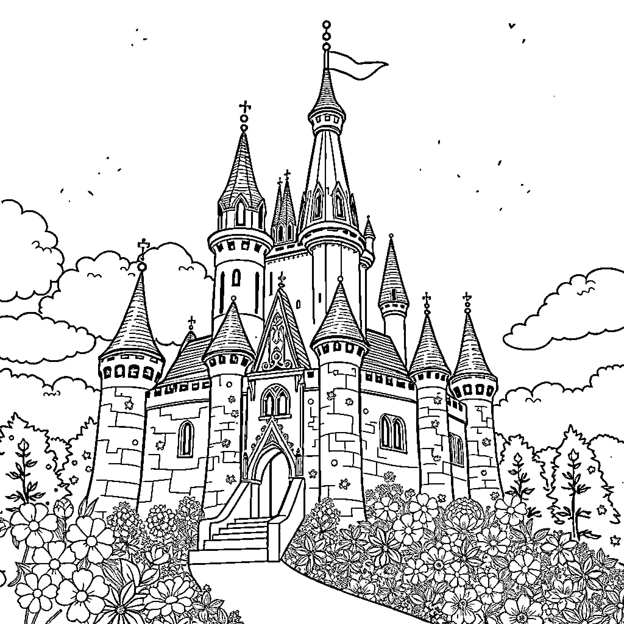 Princess Castle with Whimsical Towers and Flowers Coloring Page (free black-and-white line drawing printable PDF for all, from beginners to advanced learners, including children, teens, adults, and seniors)
