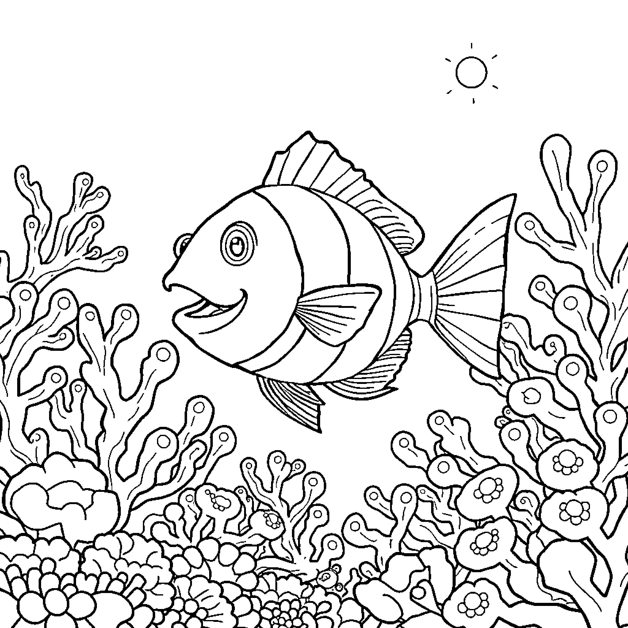 Pez Playful Fish Swimming Through Vibrant Coral Coloring Page (free black-and-white line drawing printable PDF for all, from beginners to advanced learners, including children, teens, adults, and seniors)