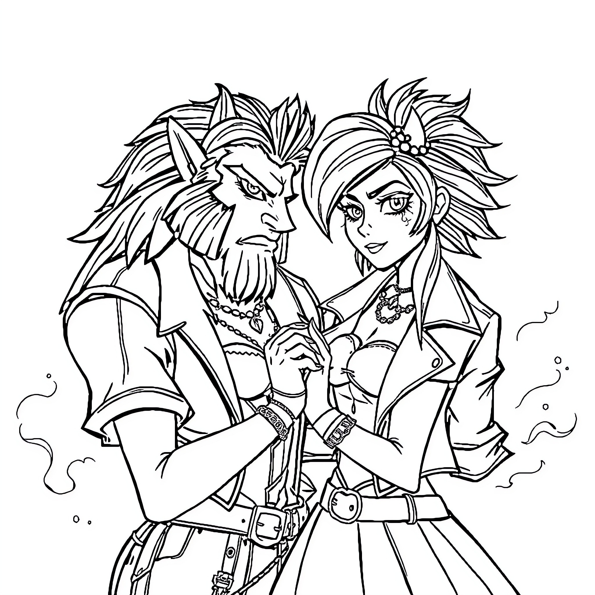 Beauty And The Beast - Couple In Romantic Embrace Coloring Page (free black-and-white line drawing printable PDF for all, from beginners to advanced learners, including children, teens, adults, and seniors)
