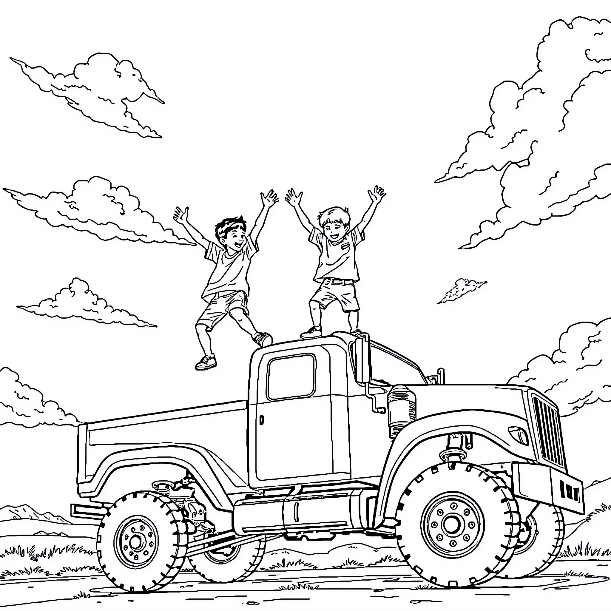 Boy's adventure on a rugged truck in the outdoors Coloring Page (free black-and-white line drawing printable PDF for all, from beginners to advanced learners, including children, teens, adults, and seniors)