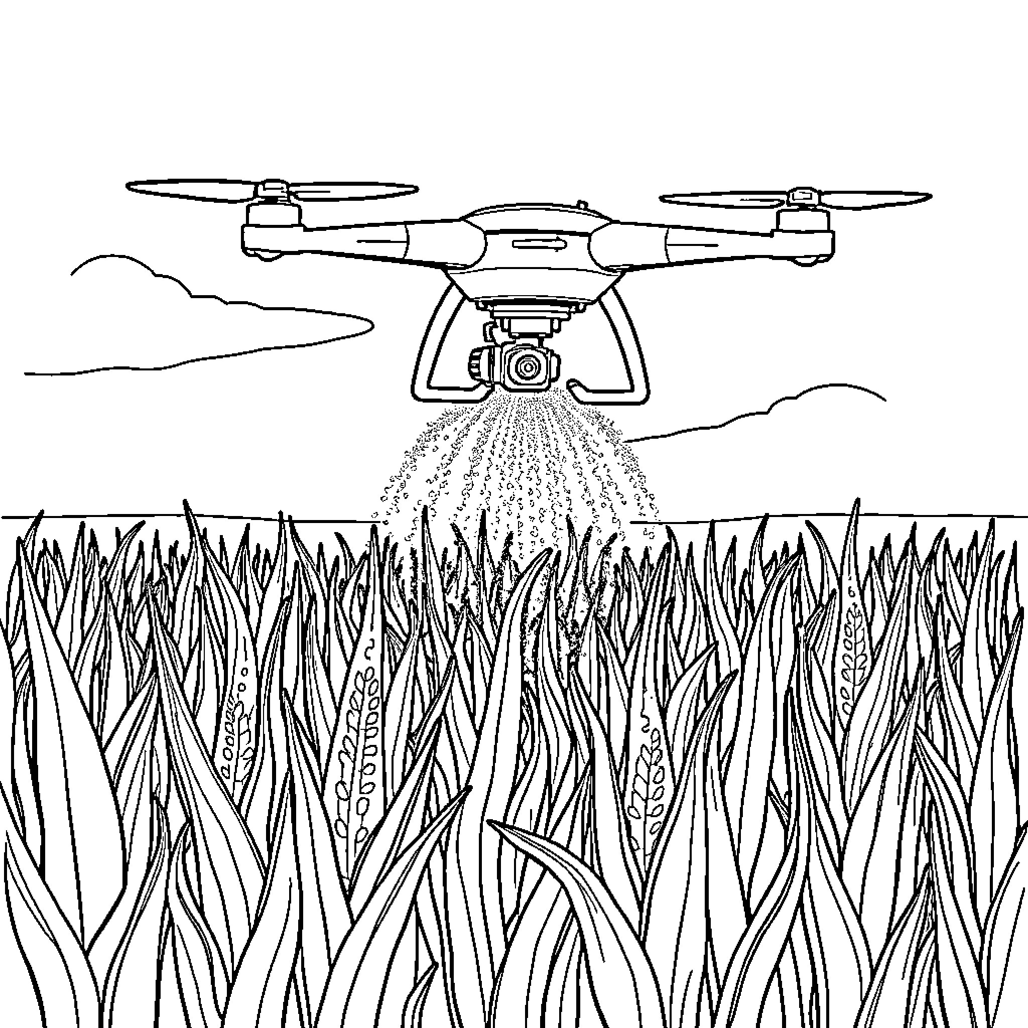 Drone spraying crops over grassy field Coloring Page (free black-and-white line drawing printable PDF for all, from beginners to advanced learners, including children, teens, adults, and seniors)