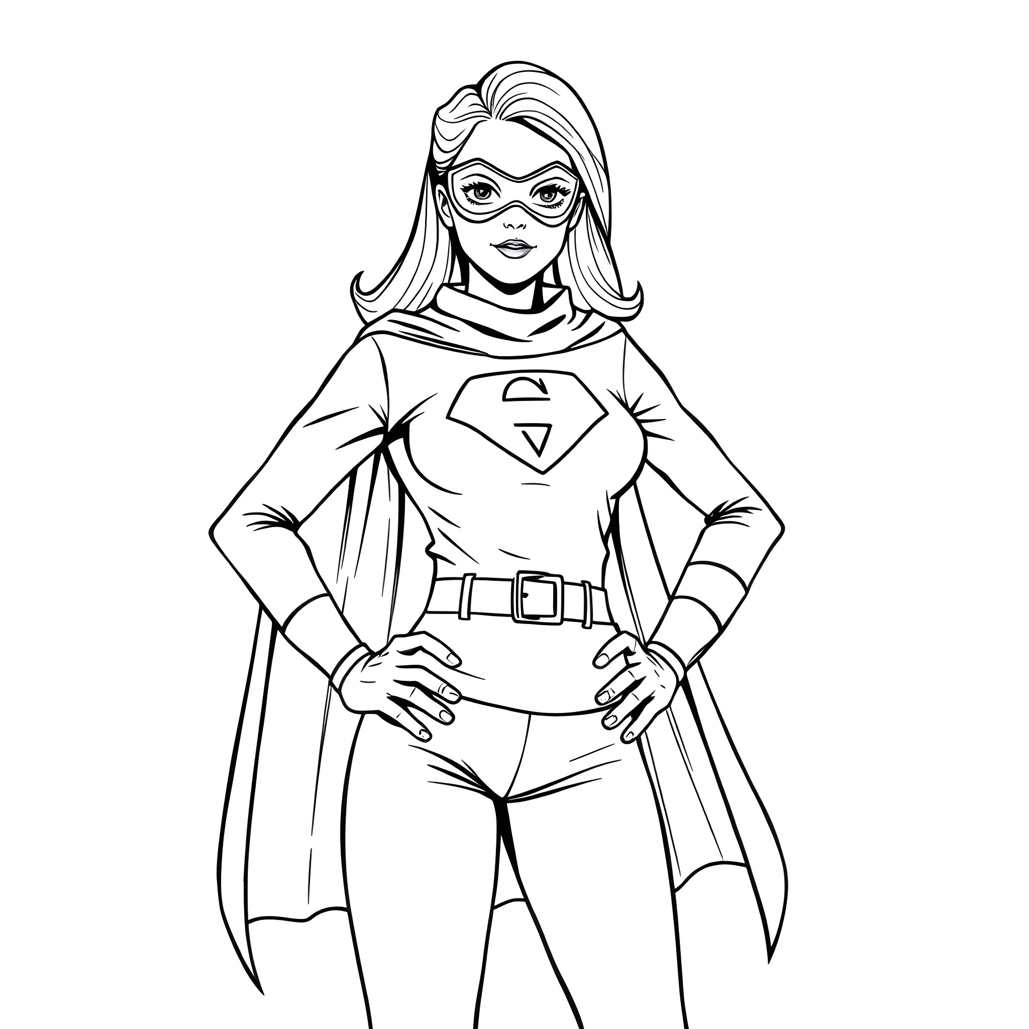 Wife superhero in costume with cape Coloring Page (free black-and-white line drawing printable PDF for all, from beginners to advanced learners, including children, teens, adults, and seniors)