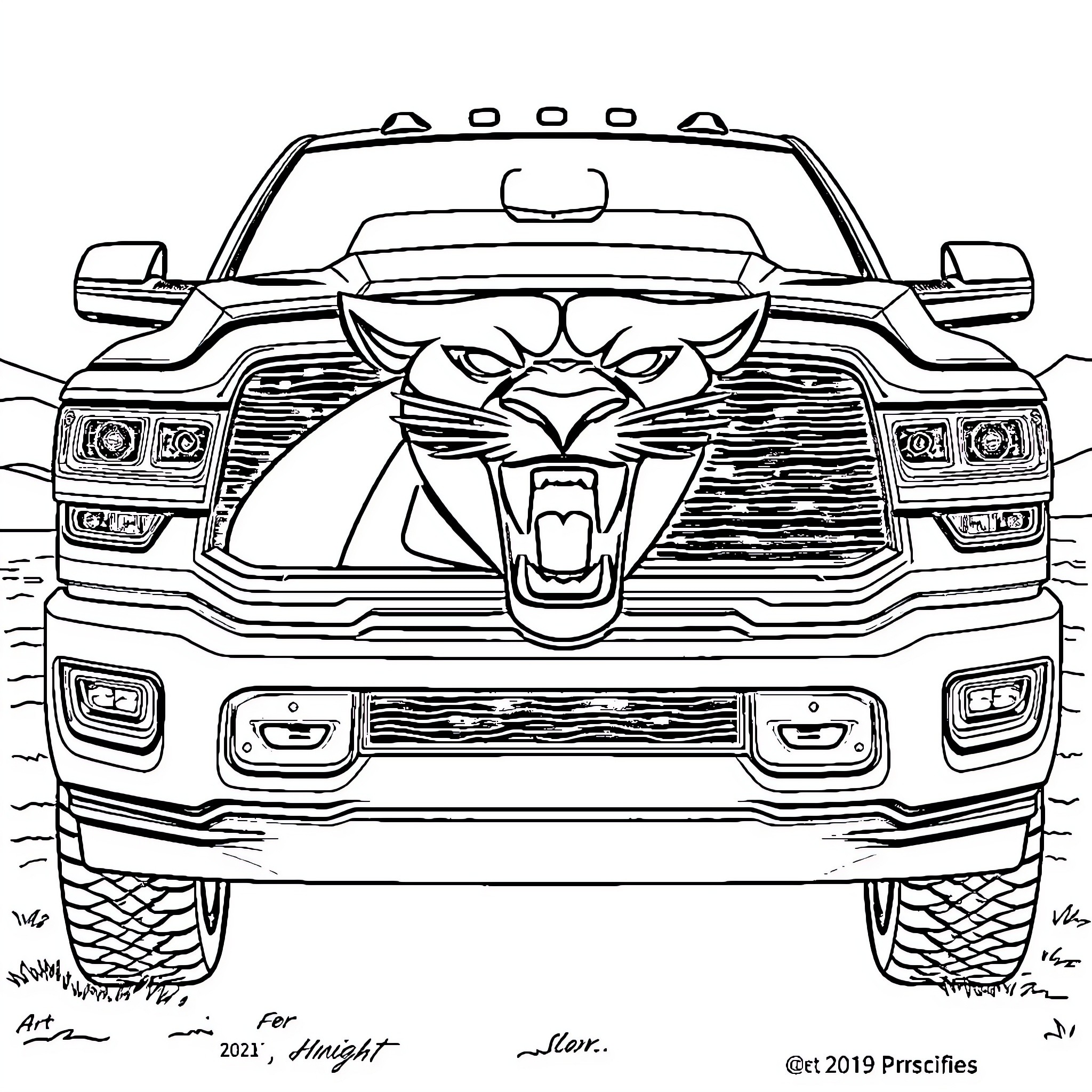 Ram Truck with Fierce Tiger Emblem Coloring Page (free black-and-white line drawing printable PDF for all, from beginners to advanced learners, including children, teens, adults, and seniors)
