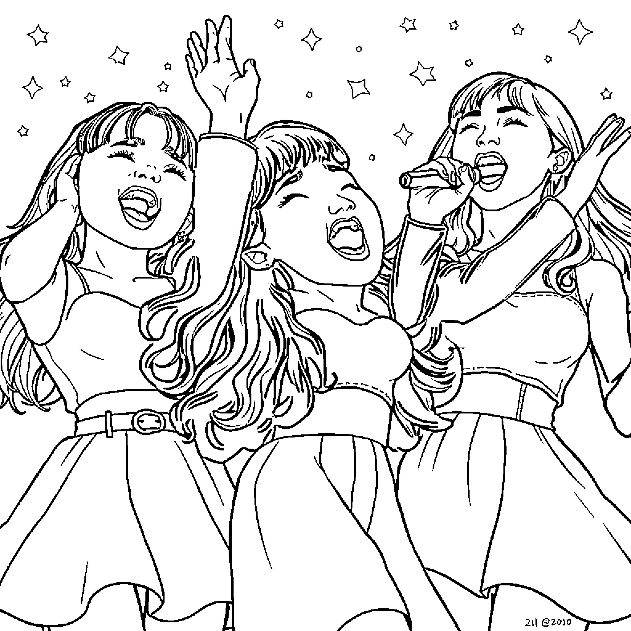 Kpop Warrior Performers Expressing Themselves on Stage Coloring Page (free black-and-white line drawing printable PDF for all, from beginners to advanced learners, including children, teens, adults, and seniors)