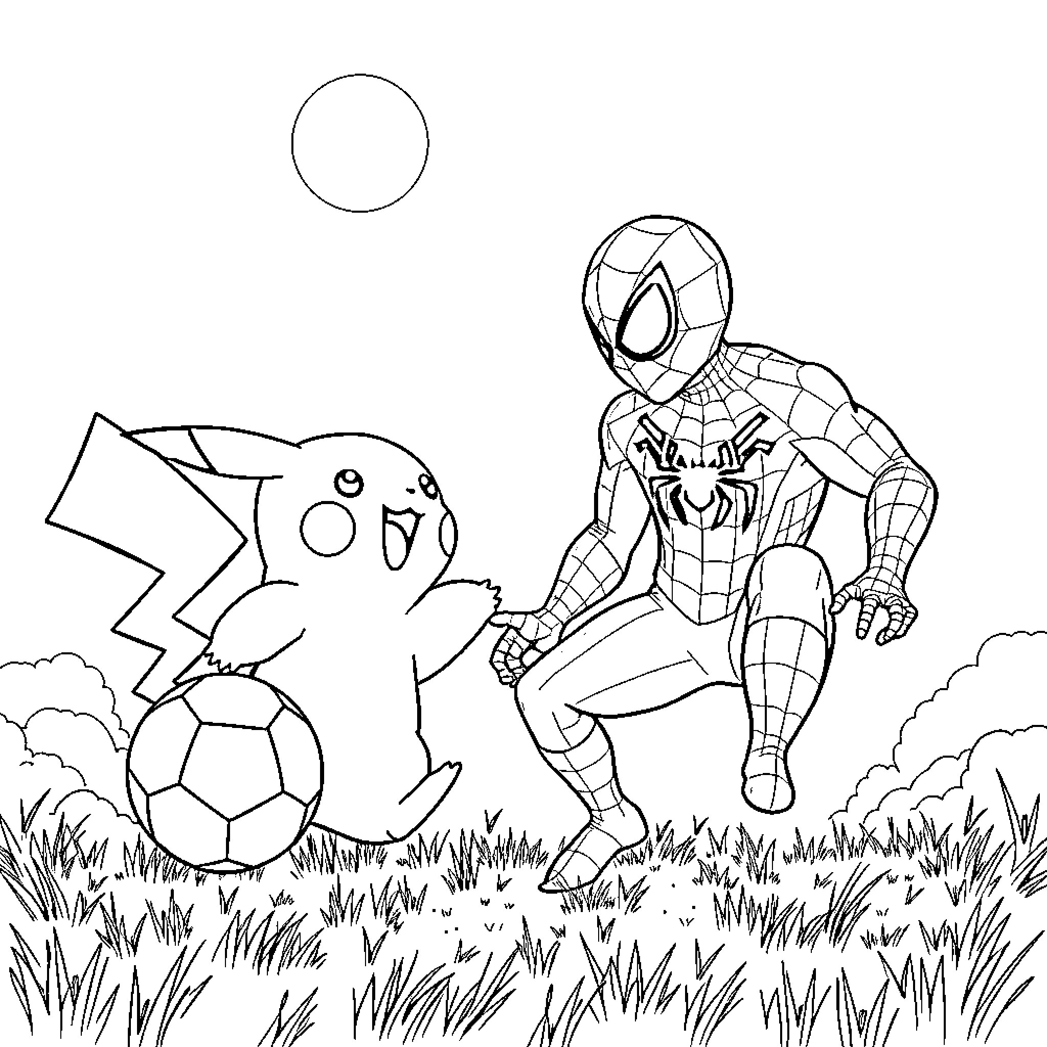 Pikachu playing soccer with Spider-Man in the park Coloring Page (free black-and-white line drawing printable PDF for all, from beginners to advanced learners, including children, teens, adults, and seniors)