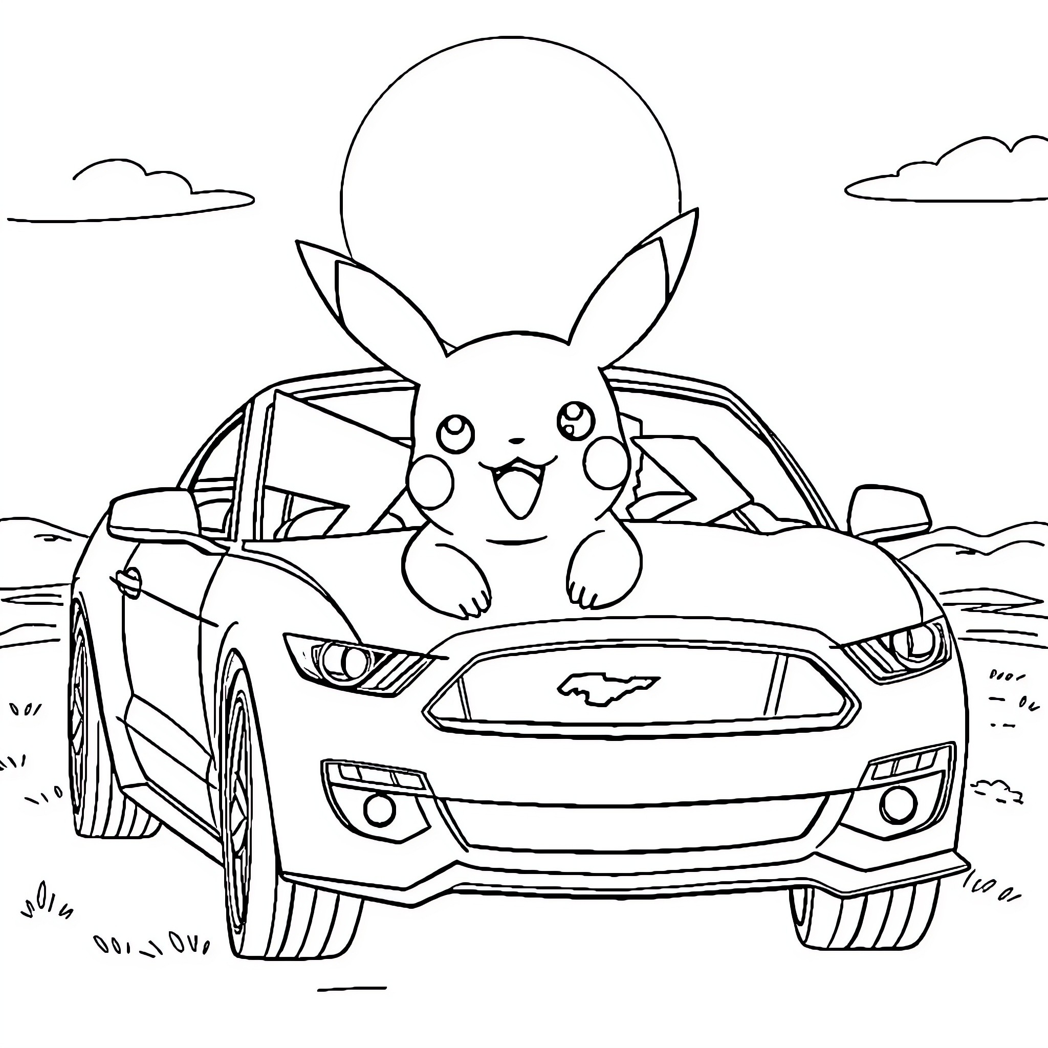 Pikachu exploring the car in the countryside Coloring Page (free black-and-white line drawing printable PDF for all, from beginners to advanced learners, including children, teens, adults, and seniors)