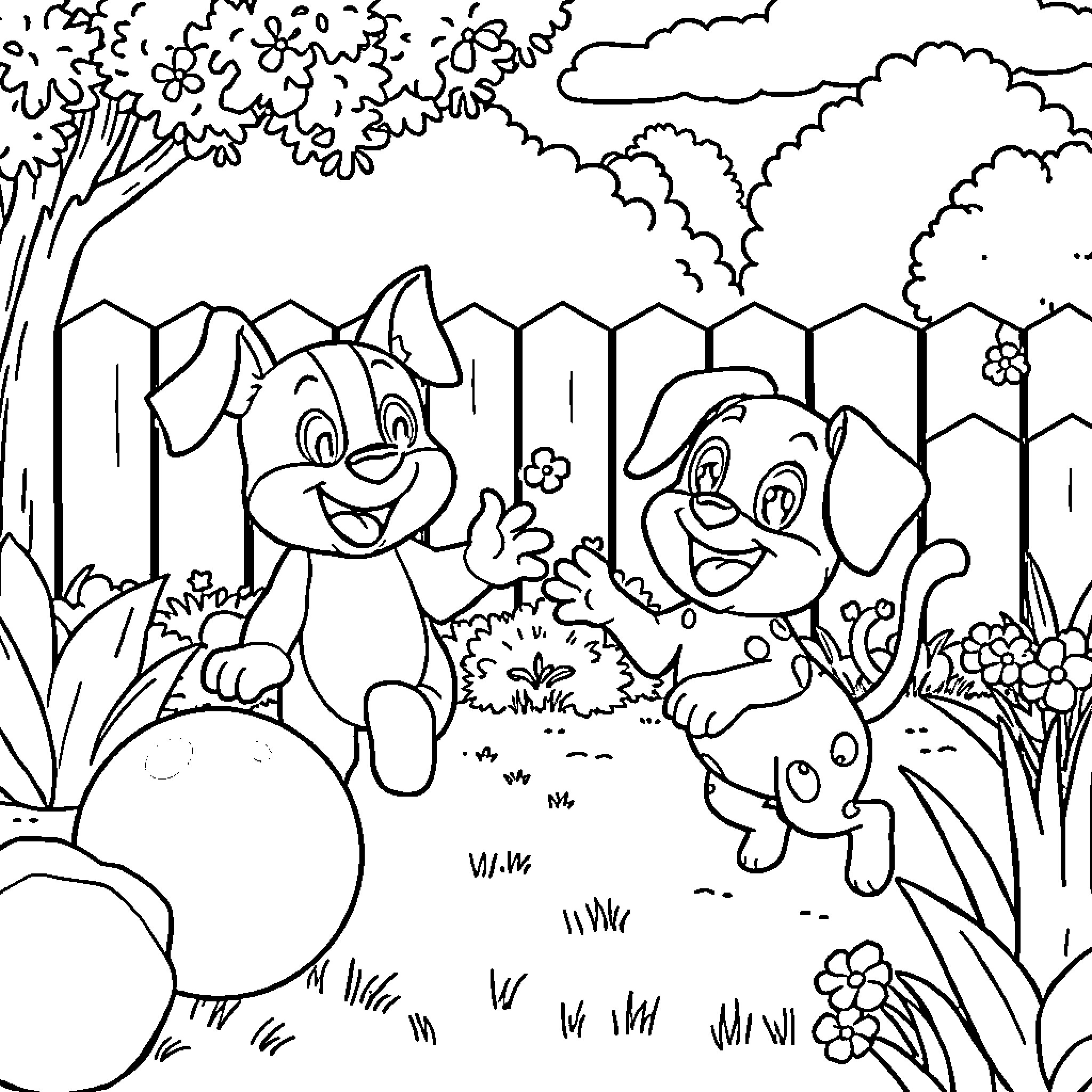 Bluey and Friends Explore the Colorful Outdoors Coloring Page (free black-and-white line drawing printable PDF for all, from beginners to advanced learners, including children, teens, adults, and seniors)