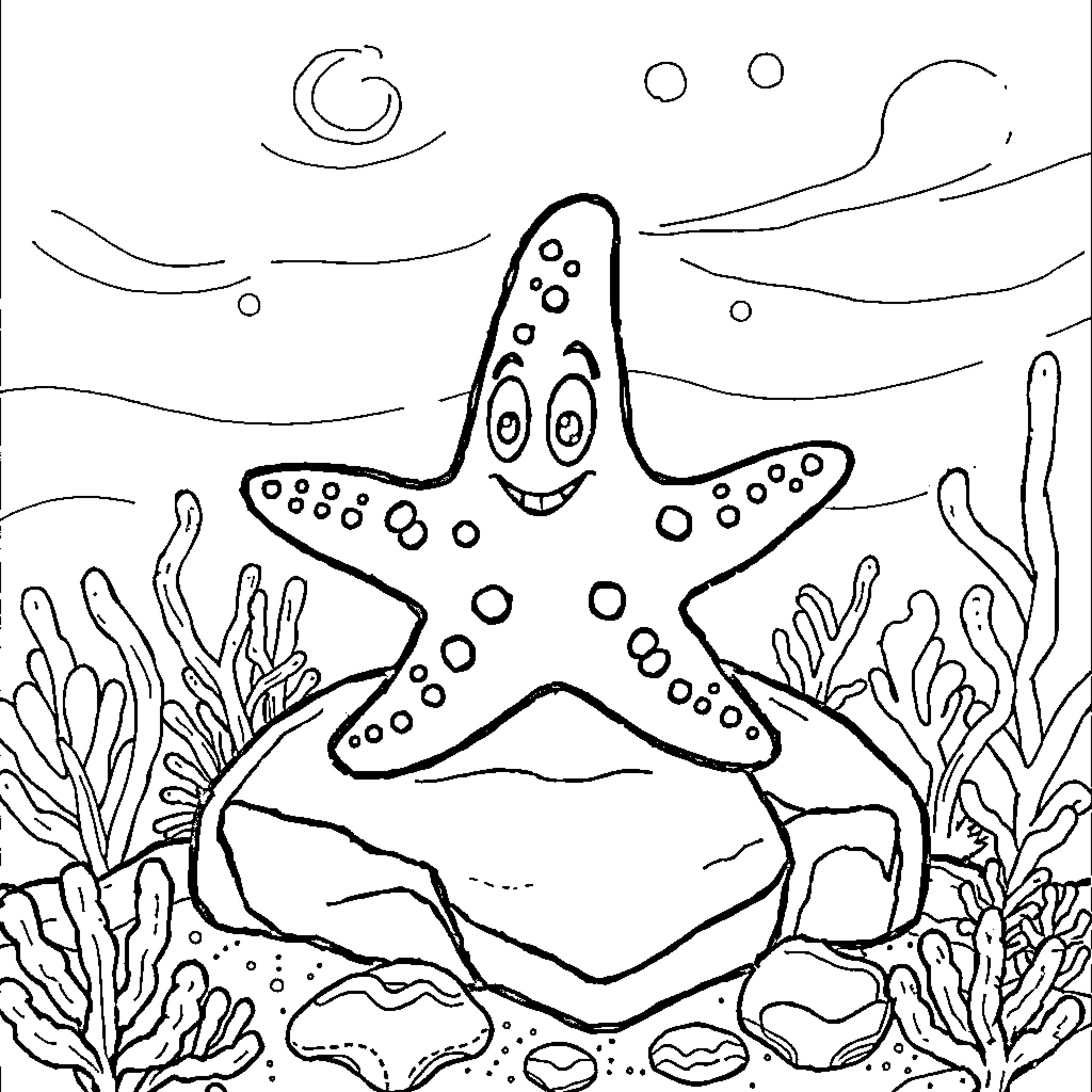 Starfish smiling in underwater landscape Coloring Page (free black-and-white line drawing printable PDF for all, from beginners to advanced learners, including children, teens, adults, and seniors)