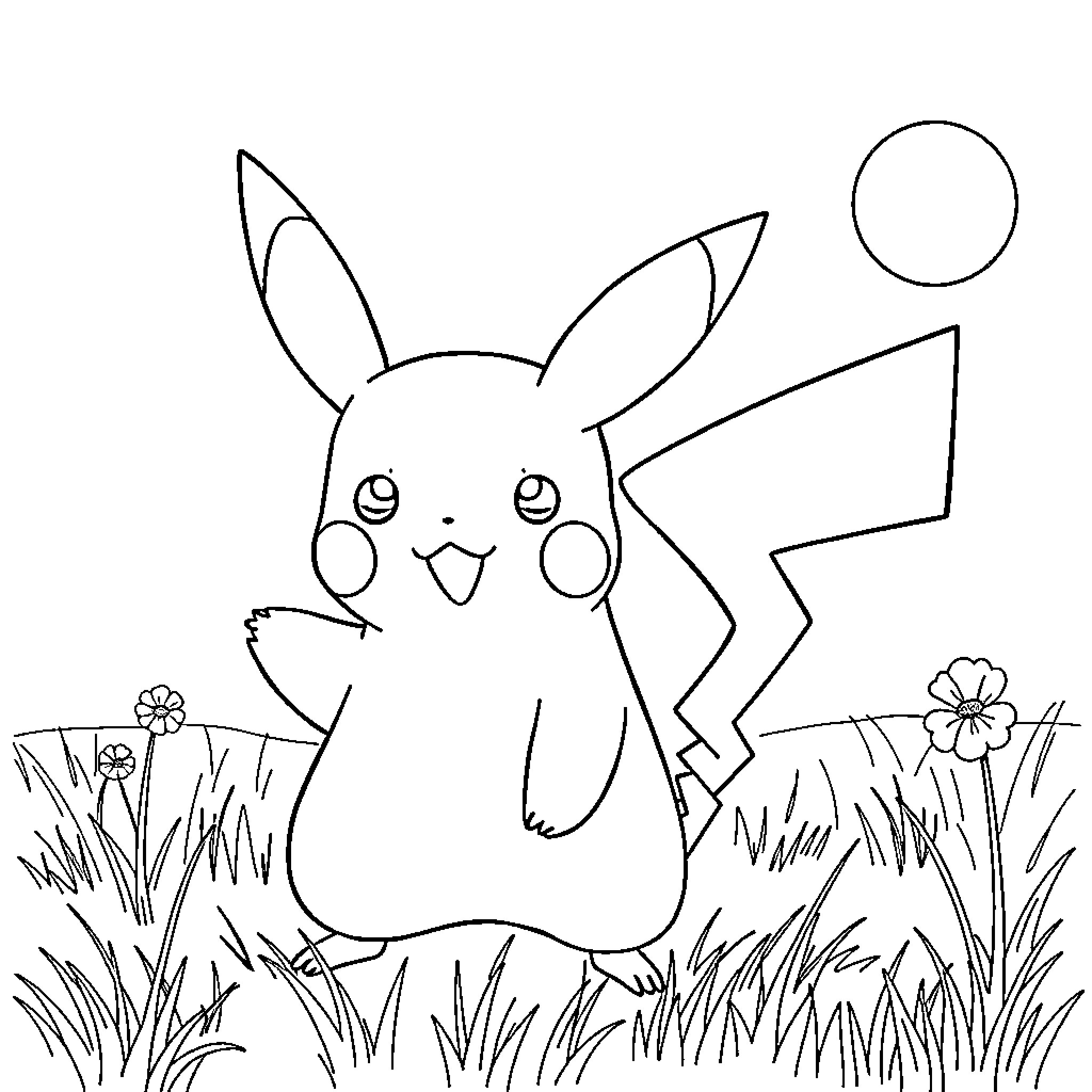 Pikachu playing cheerfully in the meadow Coloring Page (free black-and-white line drawing printable PDF for all, from beginners to advanced learners, including children, teens, adults, and seniors)