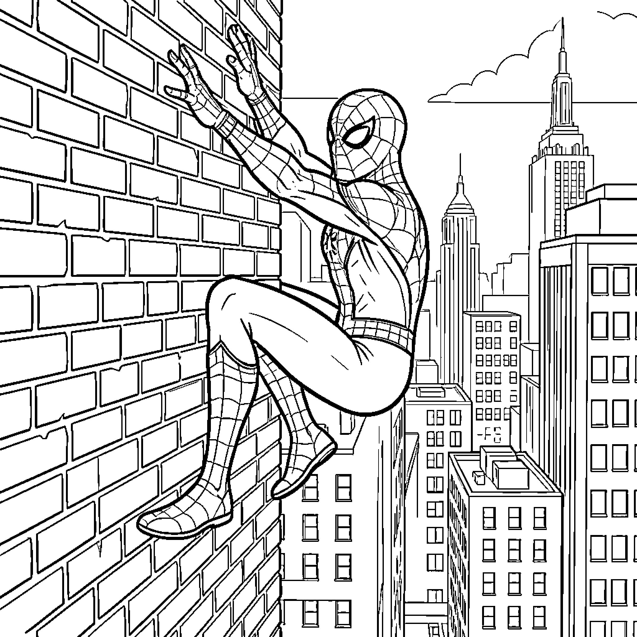 Spiderman climbing up a brick wall in the city Coloring Page (free black-and-white line drawing printable PDF for all, from beginners to advanced learners, including children, teens, adults, and seniors)