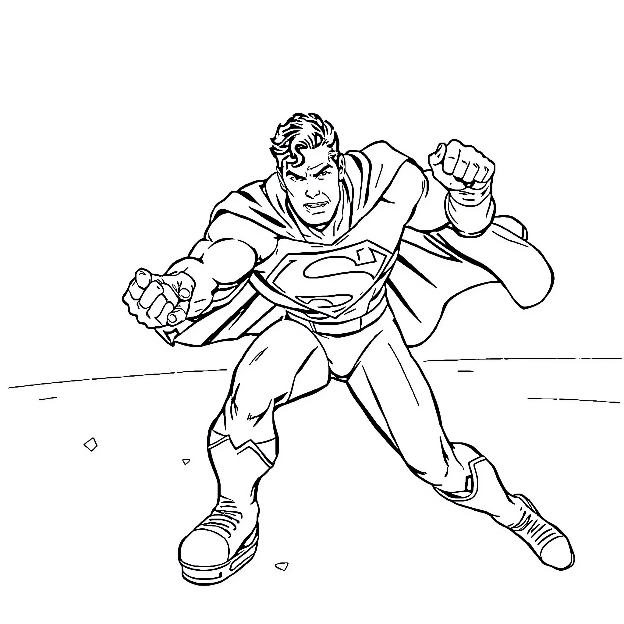 Superman's heroic stance and determination Coloring Page (free black-and-white line drawing printable PDF for all, from beginners to advanced learners, including children, teens, adults, and seniors)