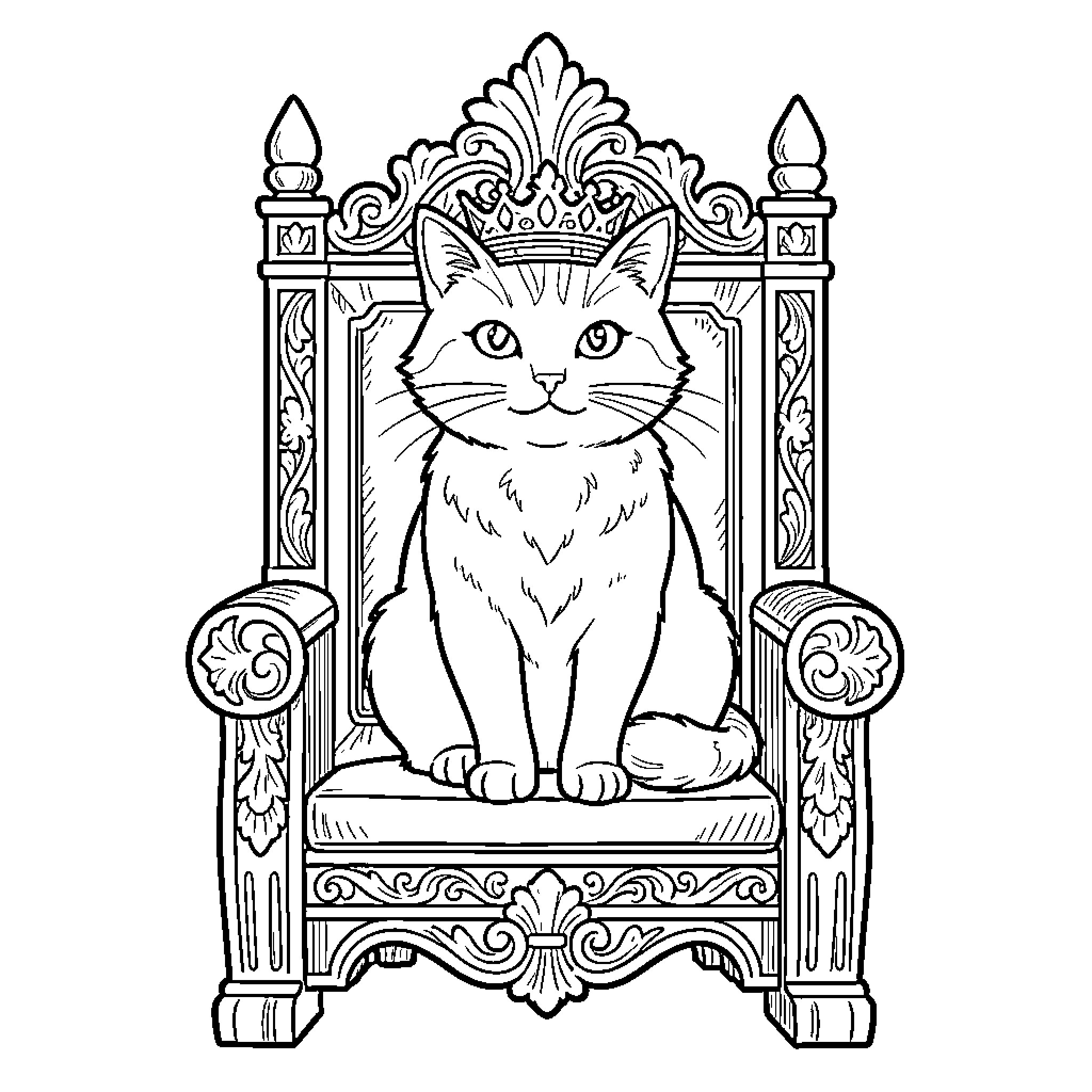 Cat sitting on an ornate throne Coloring Page (free black-and-white line drawing printable PDF for all, from beginners to advanced learners, including children, teens, adults, and seniors)