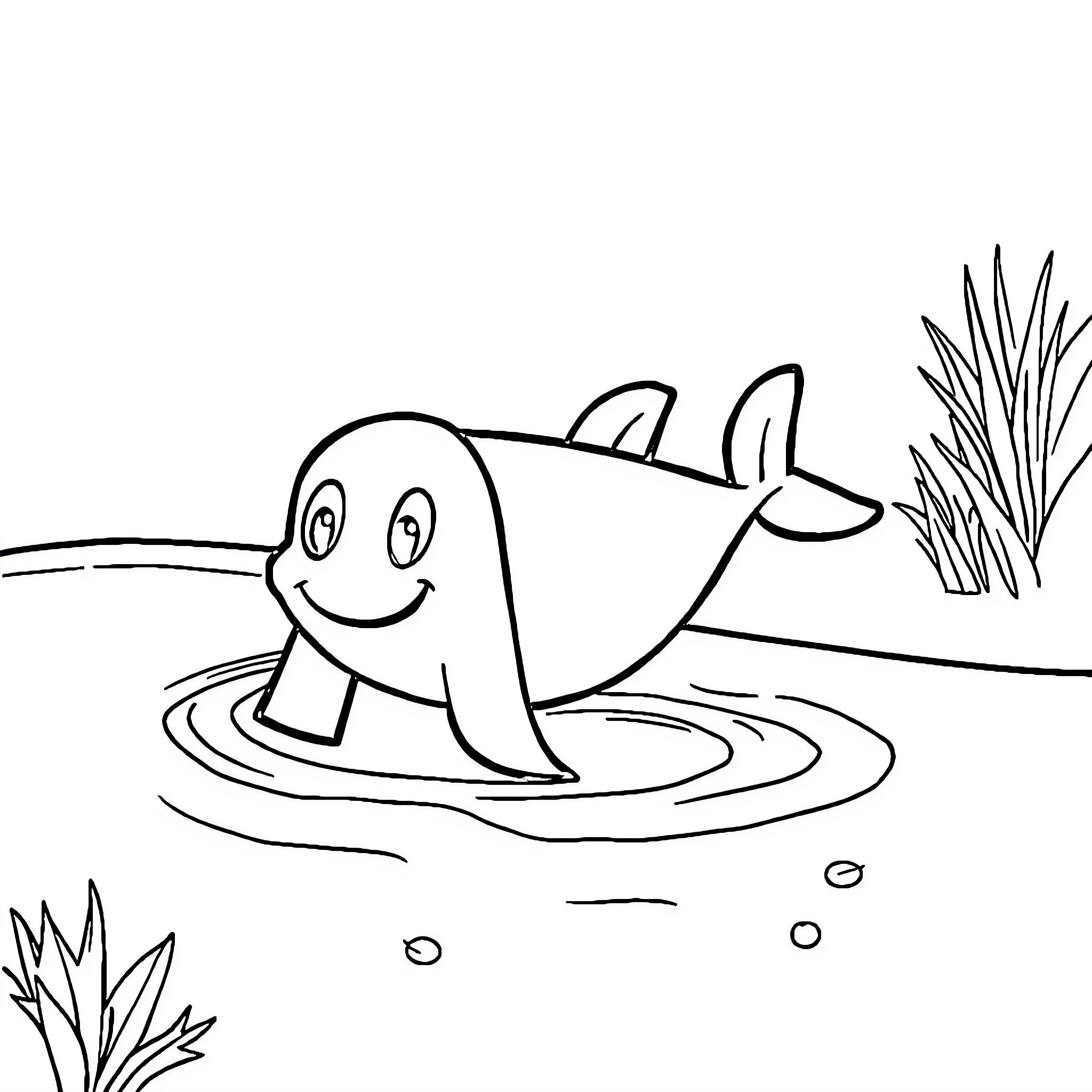 Letter A: Friendly dolphin swimming in the ocean Coloring Page (free black-and-white line drawing printable PDF for all, from beginners to advanced learners, including children, teens, adults, and seniors)