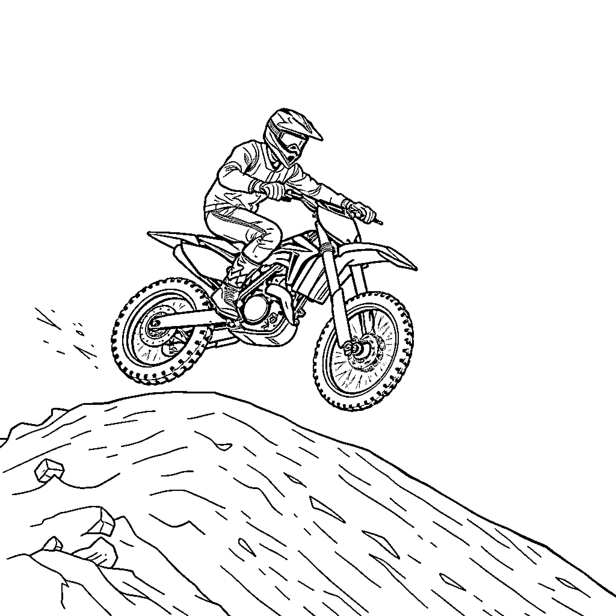 Persona: Daring Motocross Rider Soars Over Rugged Terrain Coloring Page (free black-and-white line drawing printable PDF for all, from beginners to advanced learners, including children, teens, adults, and seniors)