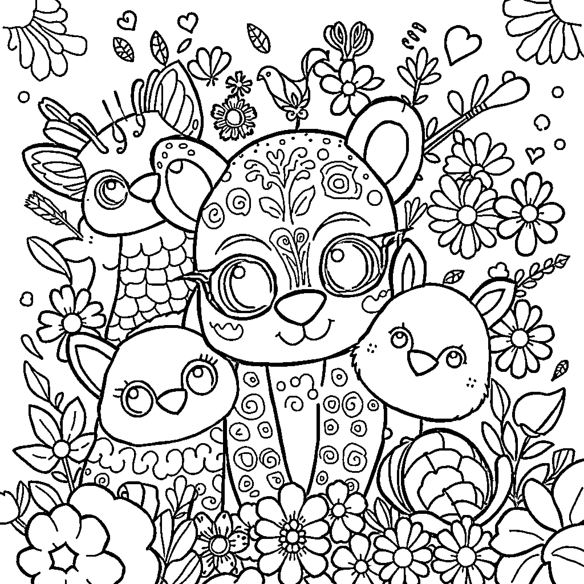 Animal Whimsical Characters in Floral Scene Coloring Page (free black-and-white line drawing printable PDF for all, from beginners to advanced learners, including children, teens, adults, and seniors)
