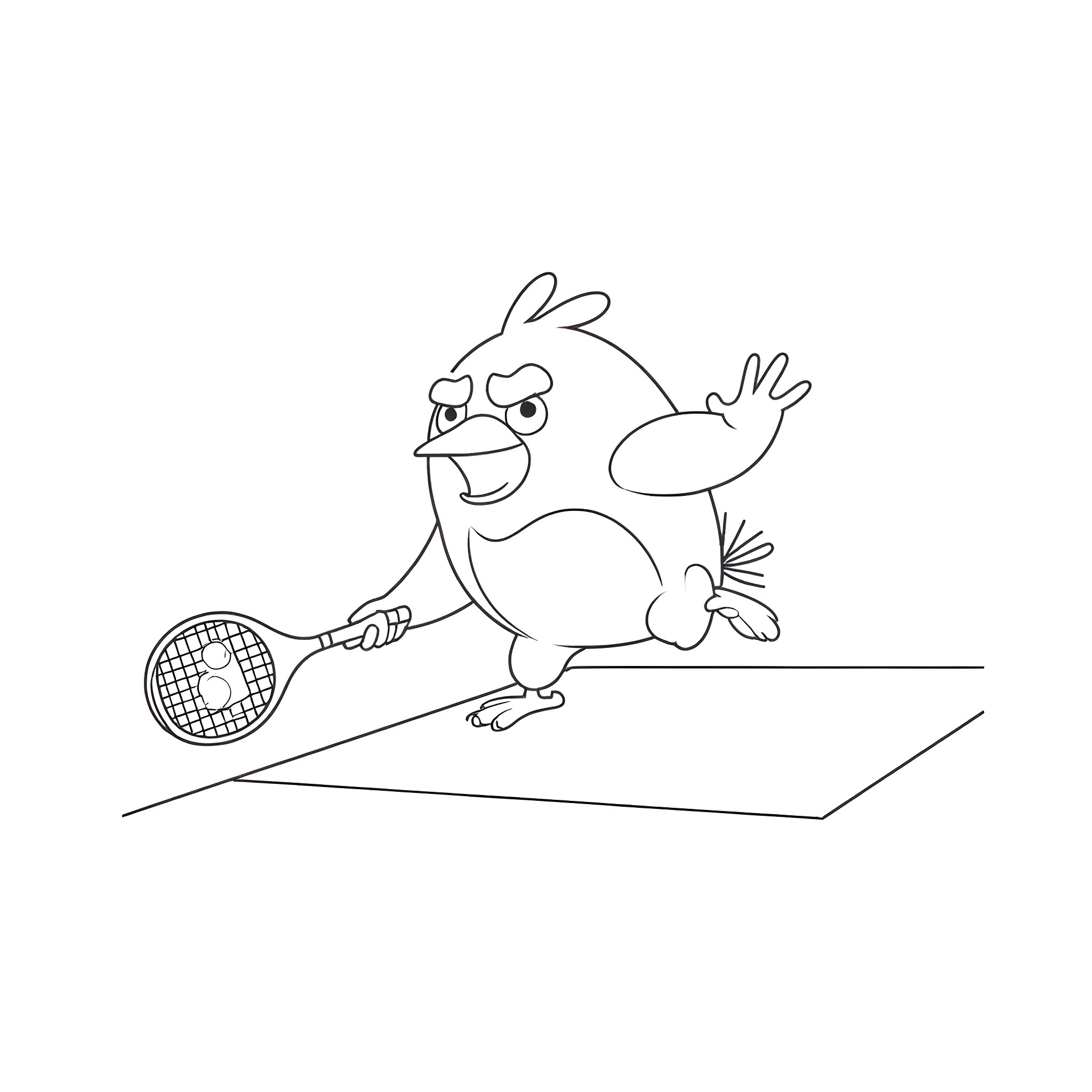 Bird playing tennis enthusiastically on the court Coloring Page (free black-and-white line drawing printable PDF for all, from beginners to advanced learners, including children, teens, adults, and seniors)