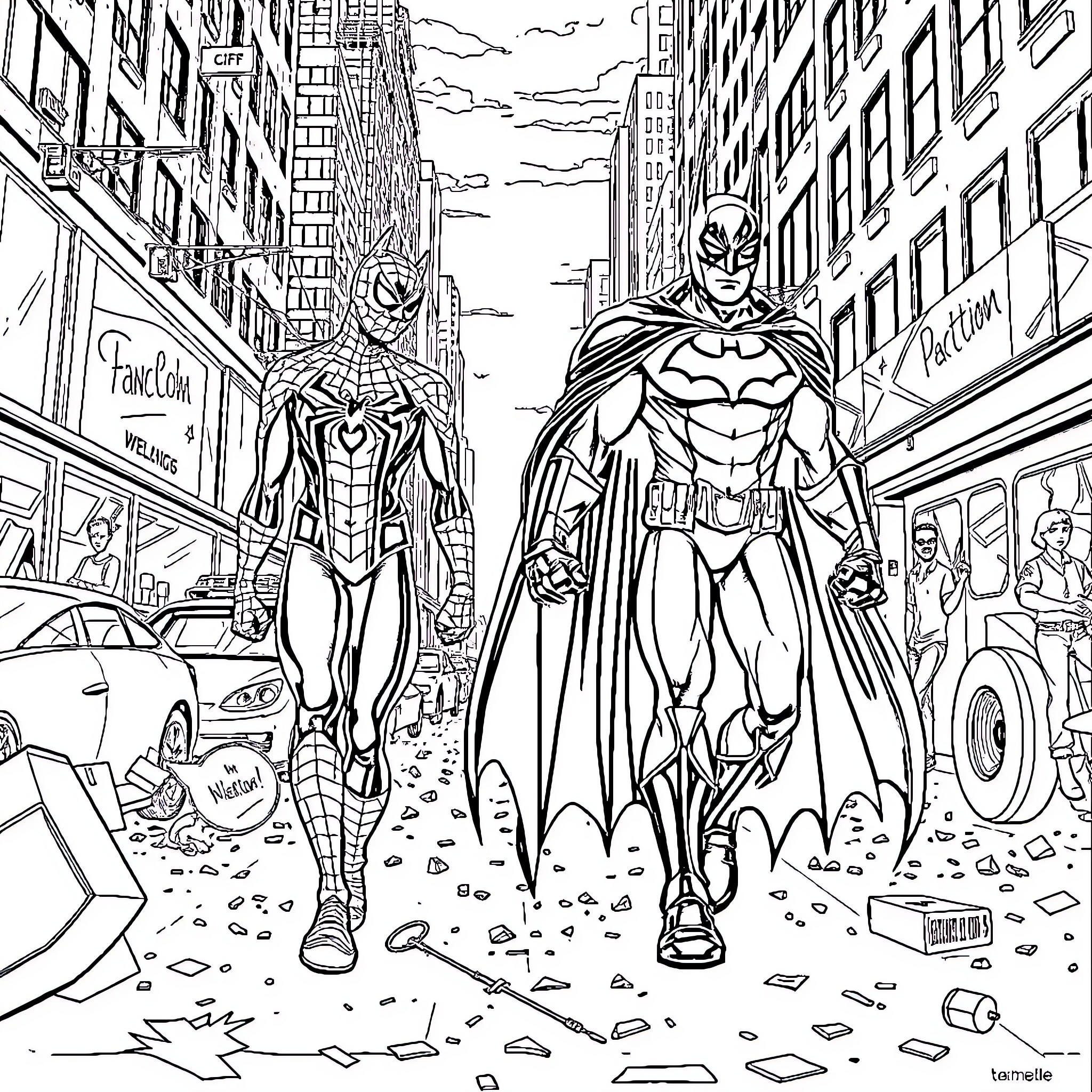 Spiderman and Batman team up in the city Coloring Page (free black-and-white line drawing printable PDF for all, from beginners to advanced learners, including children, teens, adults, and seniors)