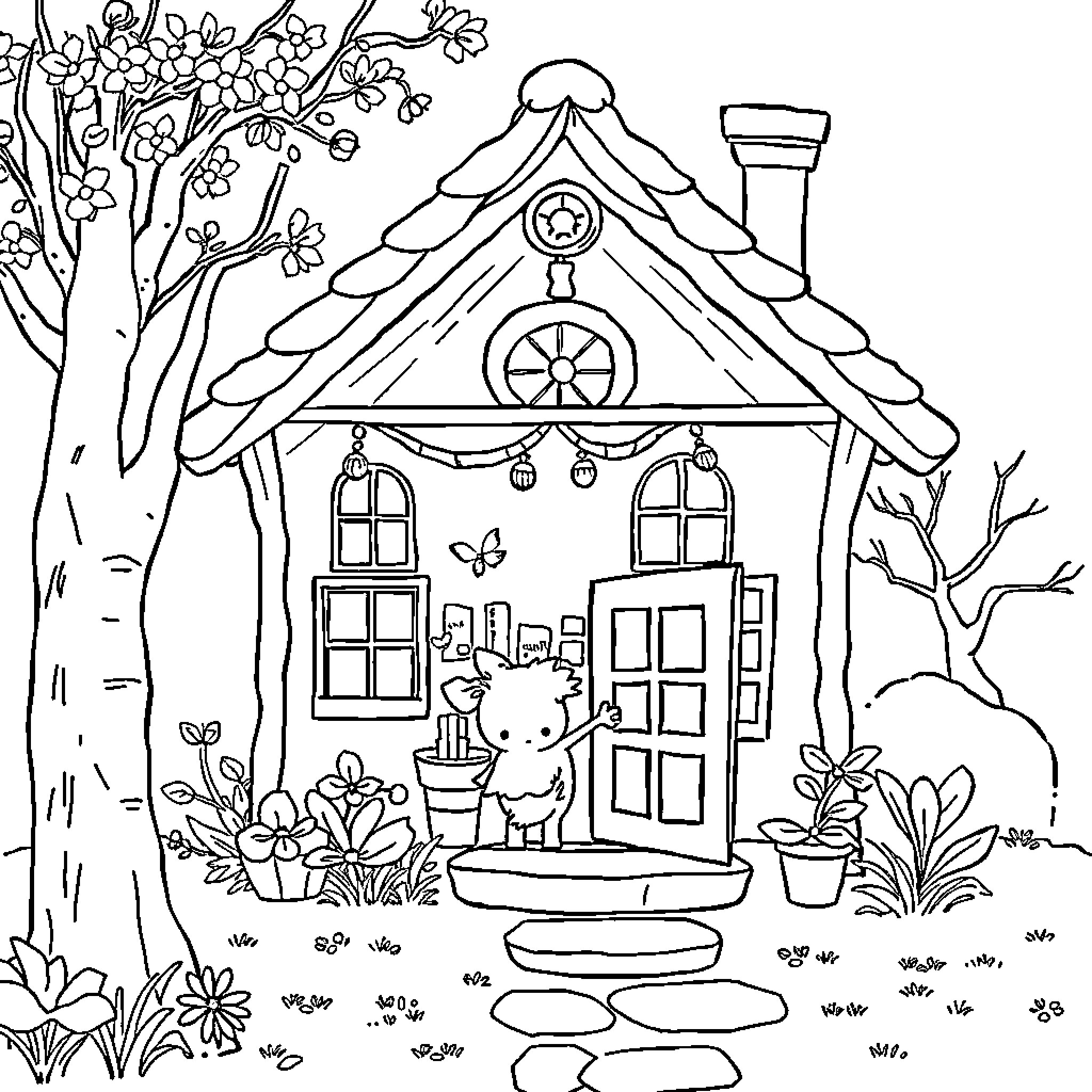 Dollhouse with Animals and Flowers in the Forest Coloring Page (free black-and-white line drawing printable PDF for all, from beginners to advanced learners, including children, teens, adults, and seniors)