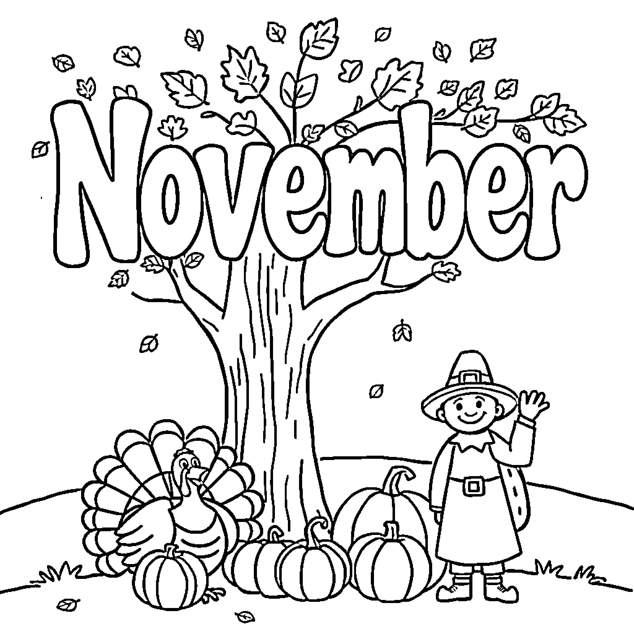November tree with seasonal decorations and happy person Coloring Page (free black-and-white line drawing printable PDF for all, from beginners to advanced learners, including children, teens, adults, and seniors)
