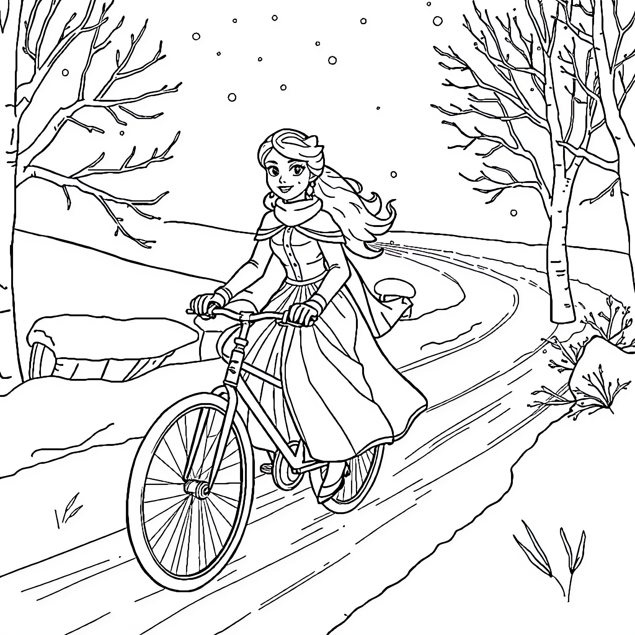 Snow Queen riding a bicycle in the winter wonderland Coloring Page (free black-and-white line drawing printable PDF for all, from beginners to advanced learners, including children, teens, adults, and seniors)