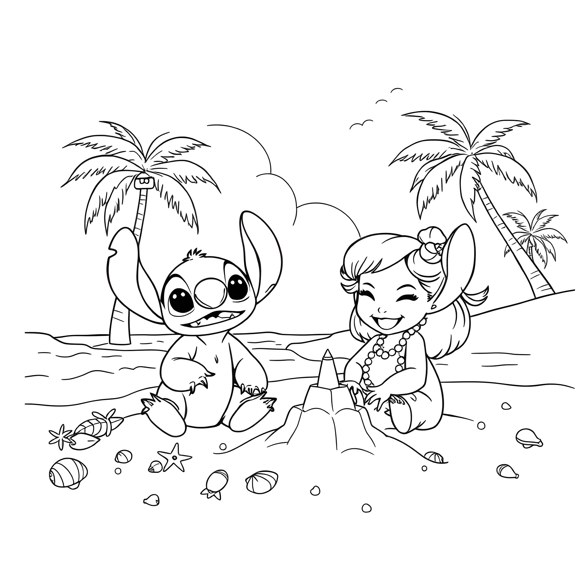 Lilo and Stitch playing on the beach Coloring Page (free black-and-white line drawing printable PDF for all, from beginners to advanced learners, including children, teens, adults, and seniors)