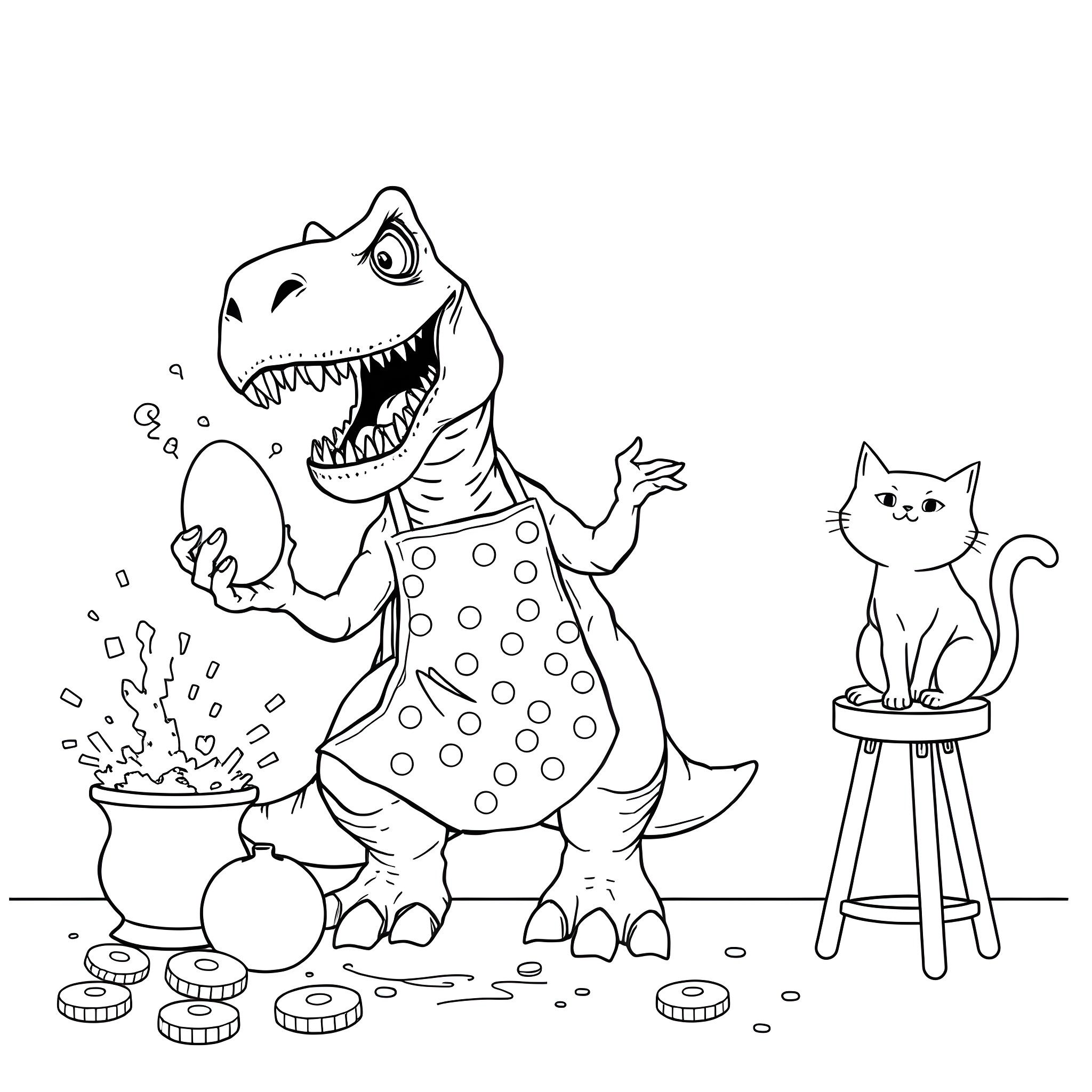 T-Rex playing with toys in a playful scene Coloring Page (free black-and-white line drawing printable PDF for all, from beginners to advanced learners, including children, teens, adults, and seniors)