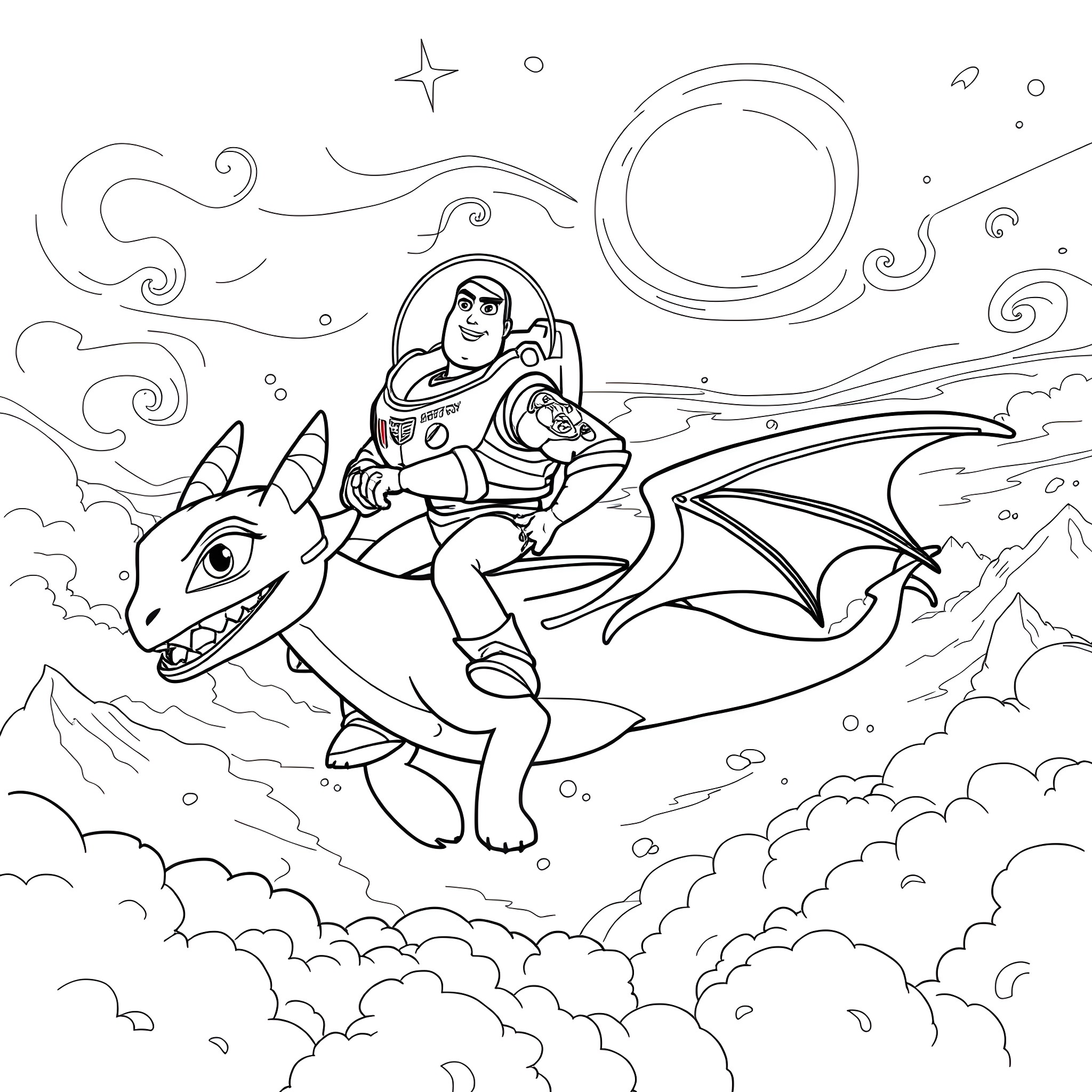 Buzz Lightyear riding a dragon through the cosmos Coloring Page (free black-and-white line drawing printable PDF for all, from beginners to advanced learners, including children, teens, adults, and seniors)