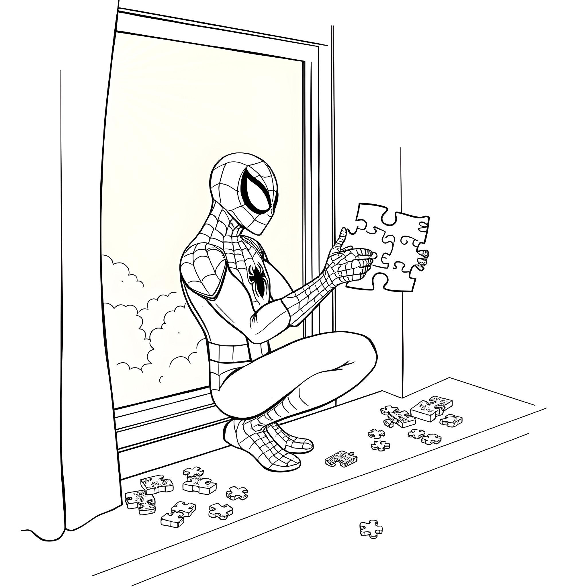 Spider-Man solving puzzle pieces on the floor Coloring Page (free black-and-white line drawing printable PDF for all, from beginners to advanced learners, including children, teens, adults, and seniors)
