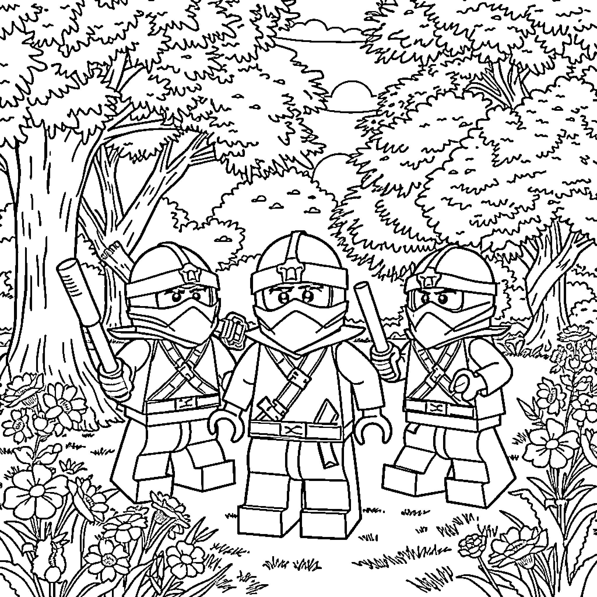 Ninjago warriors in action-packed forest scene Coloring Page (free black-and-white line drawing printable PDF for all, from beginners to advanced learners, including children, teens, adults, and seniors)