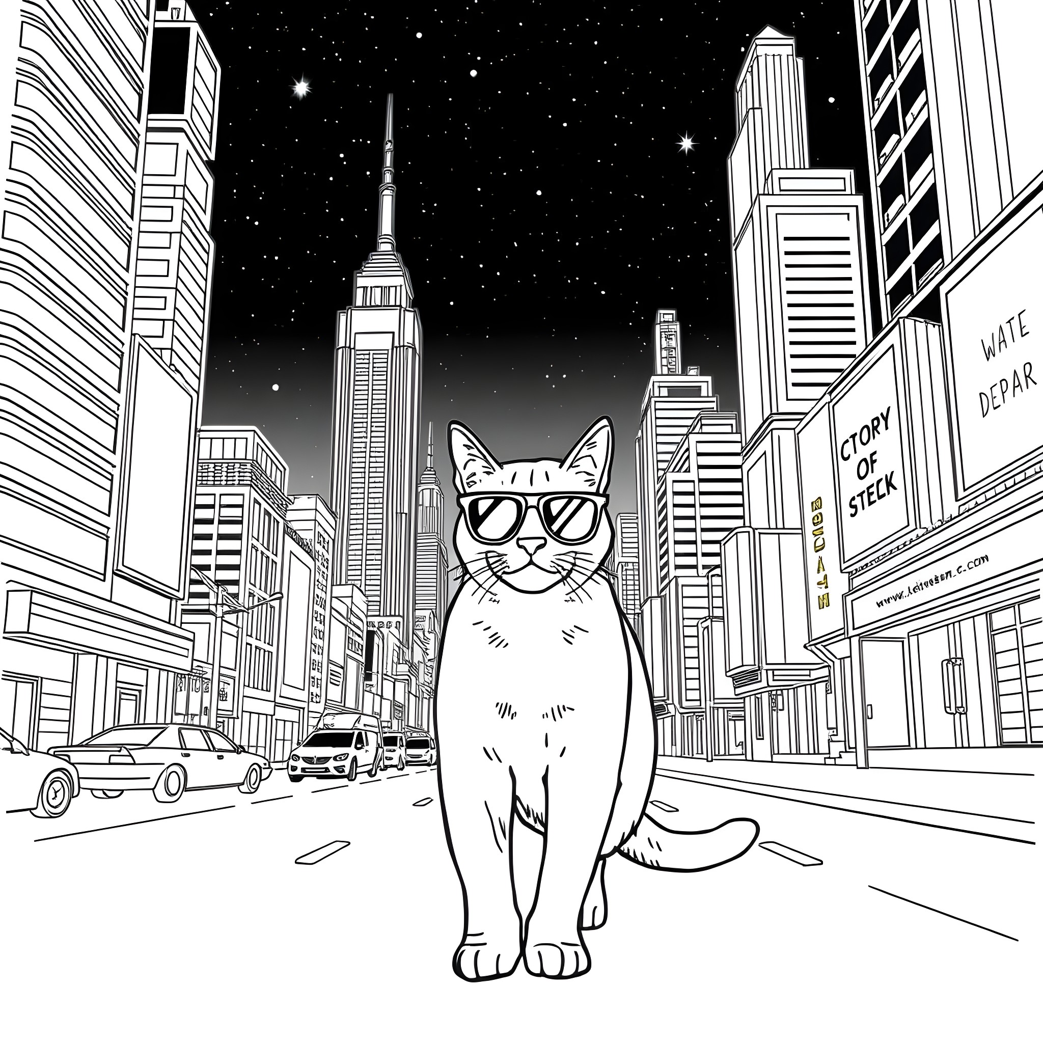 Cat in Glasses Exploring the City at Night Coloring Page (free black-and-white line drawing printable PDF for all, from beginners to advanced learners, including children, teens, adults, and seniors)