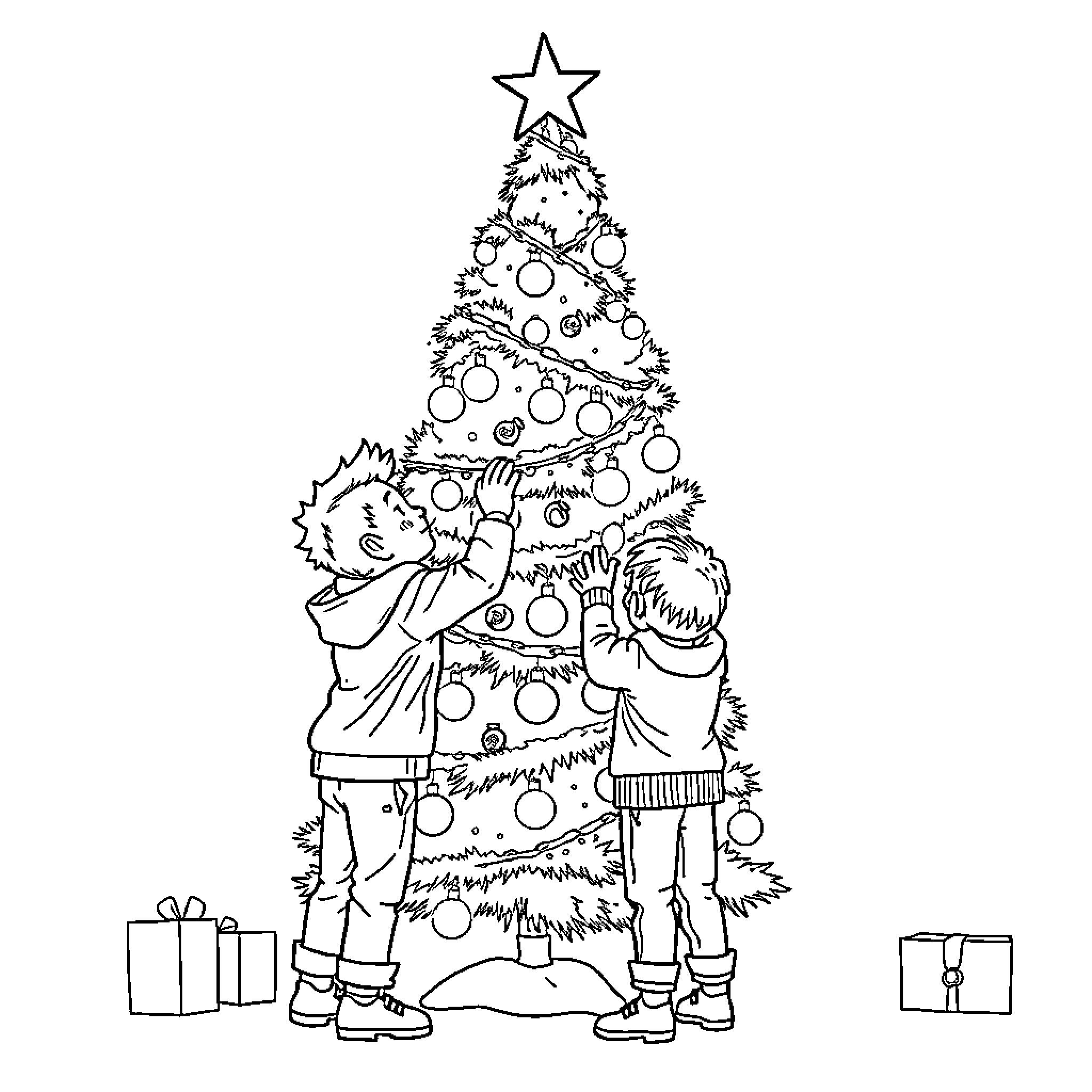 Boy decorating Christmas tree with ornaments Coloring Page (free black-and-white line drawing printable PDF for all, from beginners to advanced learners, including children, teens, adults, and seniors)