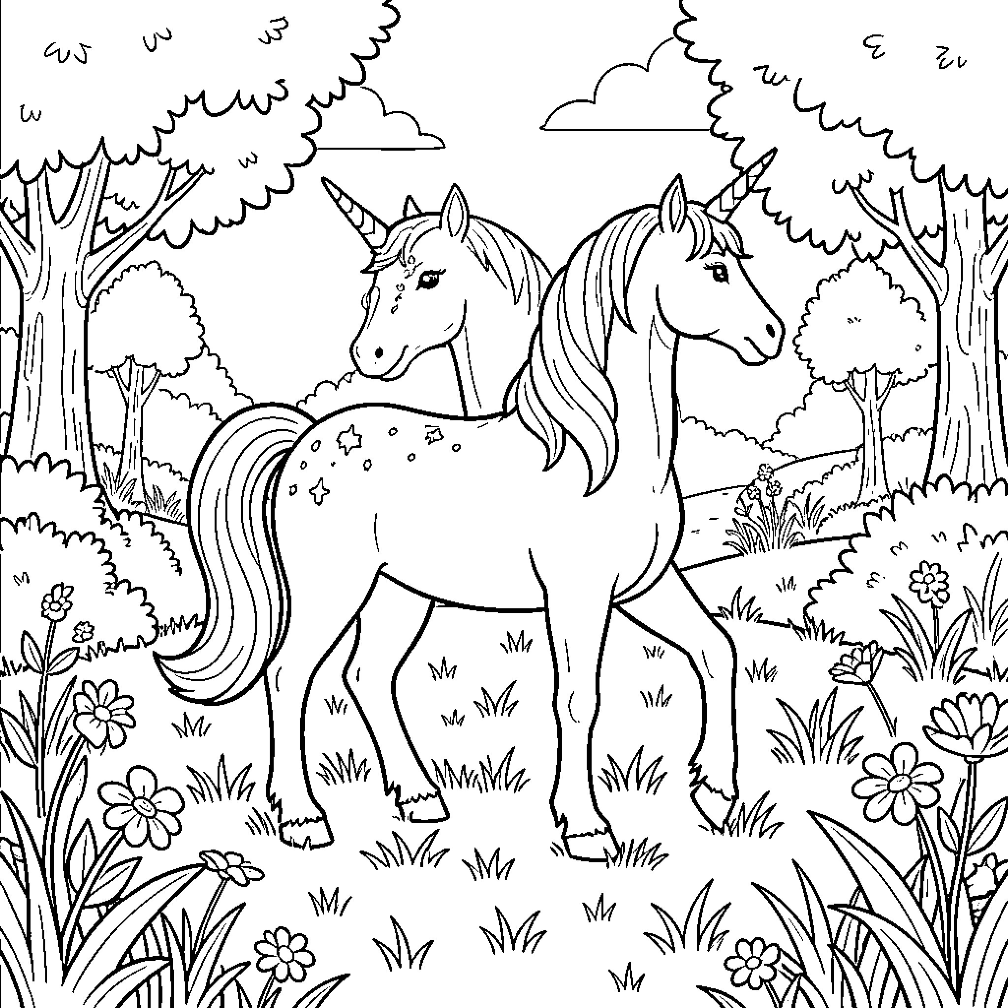 Unicorns walking gracefully through a flowery forest landscape Coloring Page (free black-and-white line drawing printable PDF for all, from beginners to advanced learners, including children, teens, adults, and seniors)