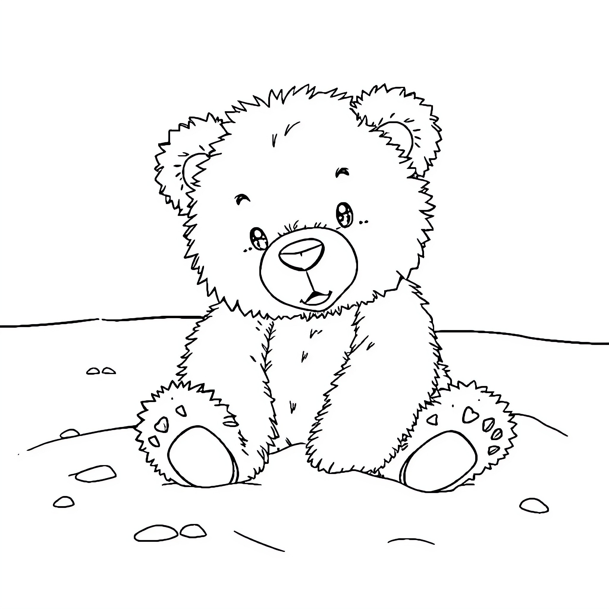Teddy Bear sitting in the snow Coloring Page (free black-and-white line drawing printable PDF for all, from beginners to advanced learners, including children, teens, adults, and seniors)