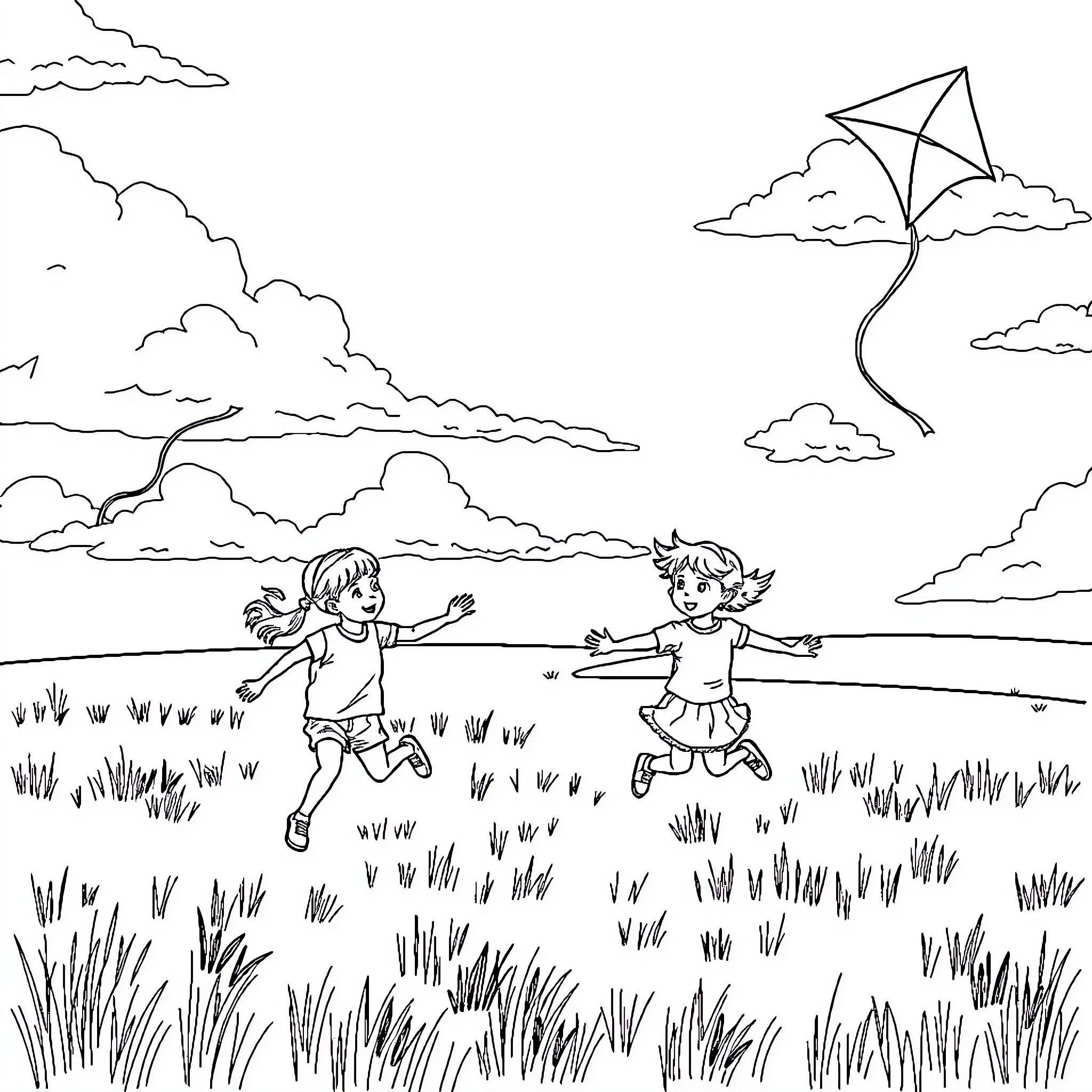 Kid flying kite with friend on grassy field Coloring Page (free black-and-white line drawing printable PDF for all, from beginners to advanced learners, including children, teens, adults, and seniors)