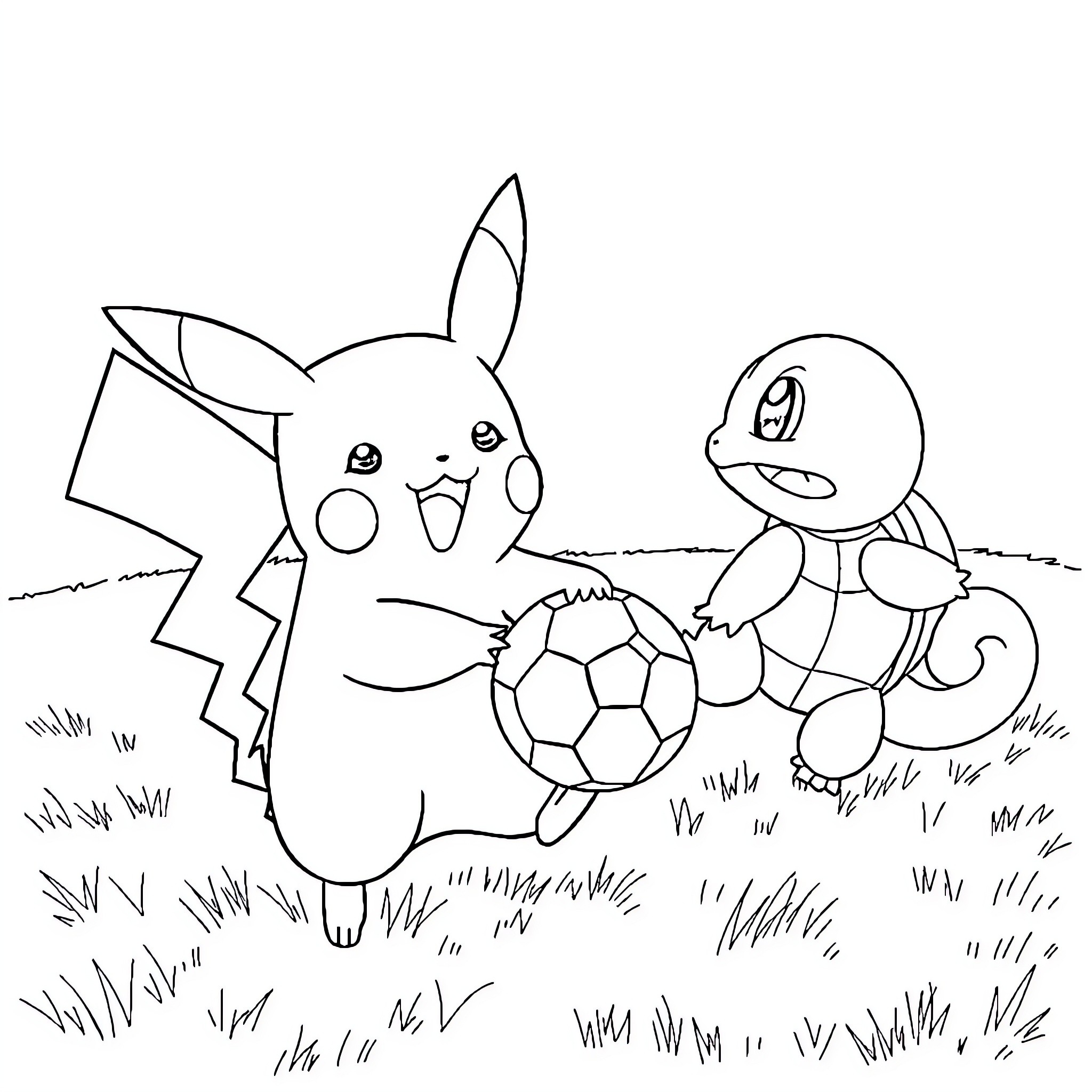 Pikachu playing soccer with Squirtle in the grass Coloring Page (free black-and-white line drawing printable PDF for all, from beginners to advanced learners, including children, teens, adults, and seniors)