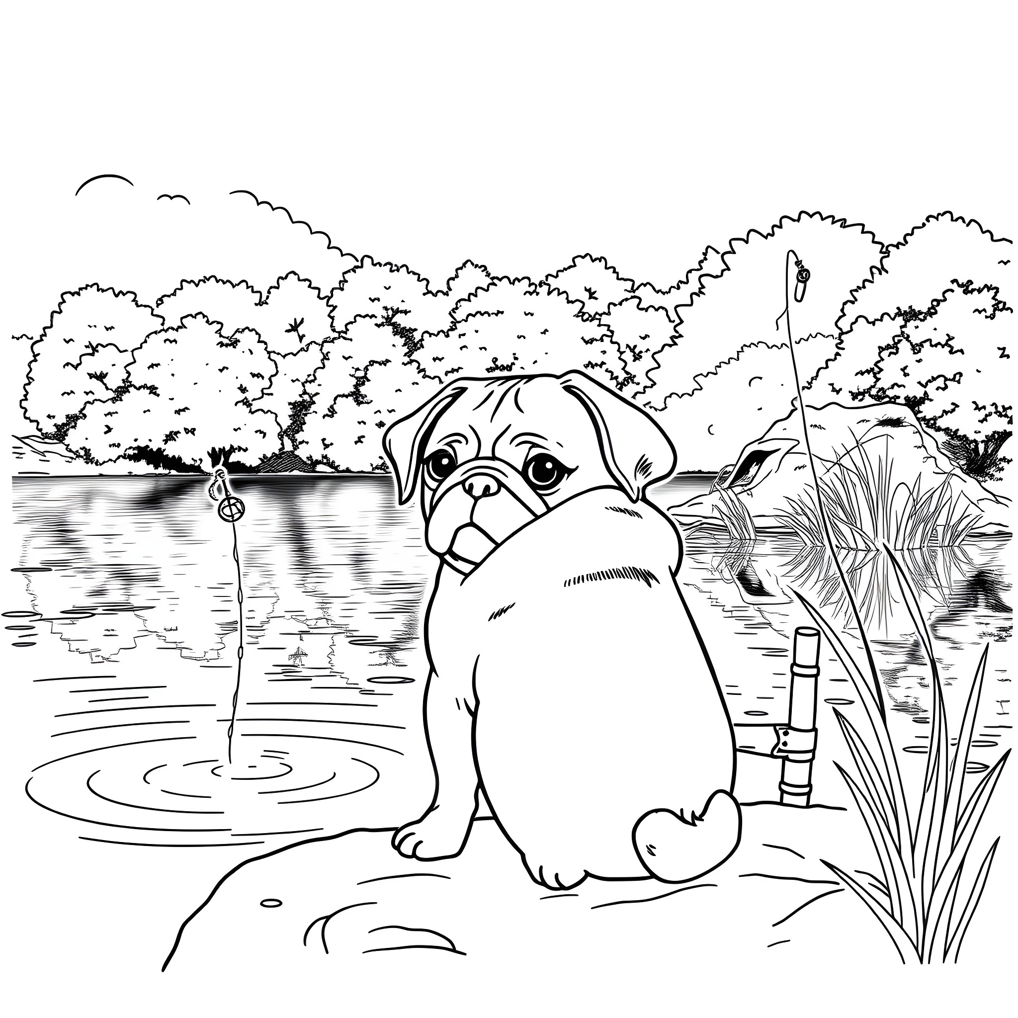 Pug exploring serene lakeside landscape Coloring Page (free black-and-white line drawing printable PDF for all, from beginners to advanced learners, including children, teens, adults, and seniors)