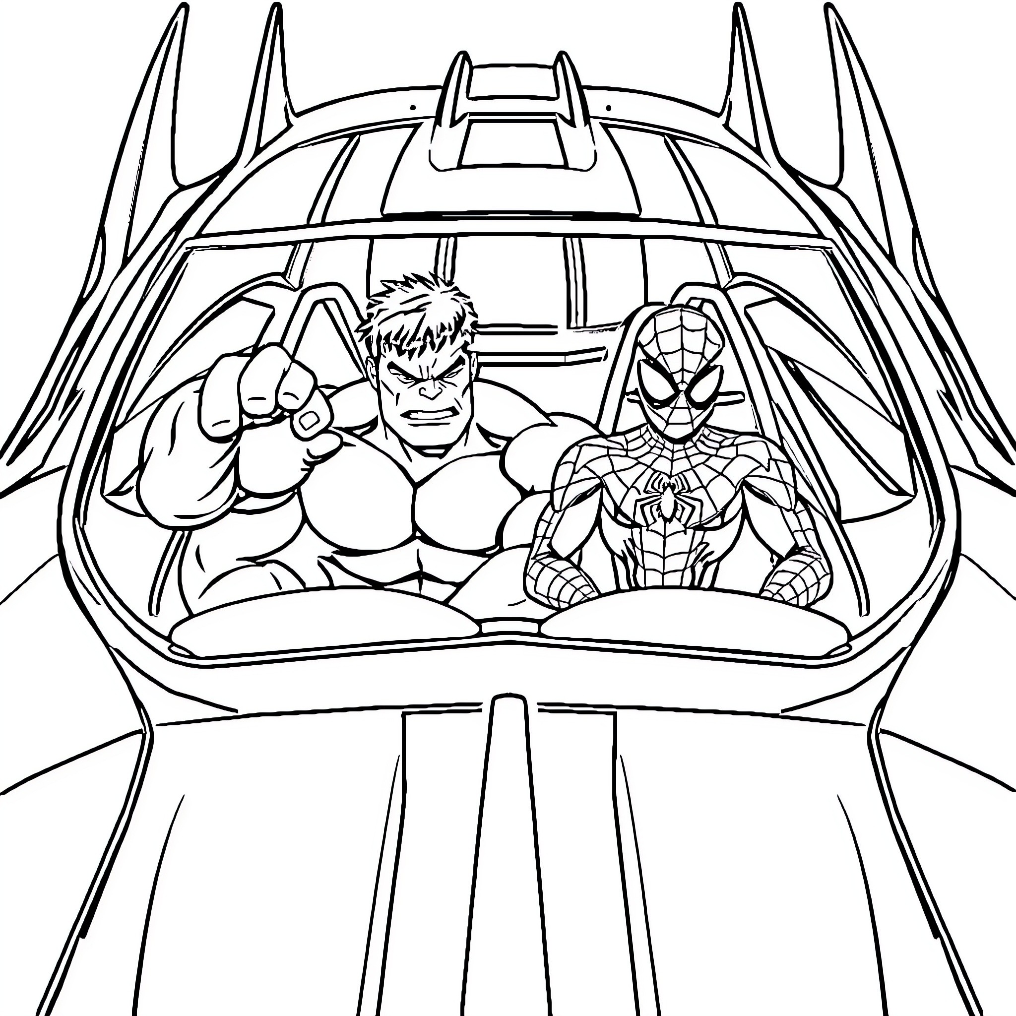 Hulk and Spider-Man in action-packed vehicle Coloring Page (free black-and-white line drawing printable PDF for all, from beginners to advanced learners, including children, teens, adults, and seniors)
