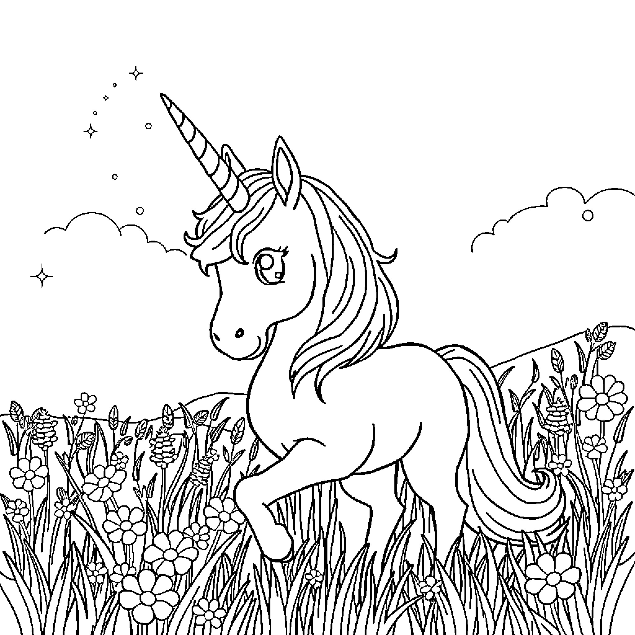 Unicorn frolicking in a magical meadow Coloring Page (free black-and-white line drawing printable PDF for all, from beginners to advanced learners, including children, teens, adults, and seniors)