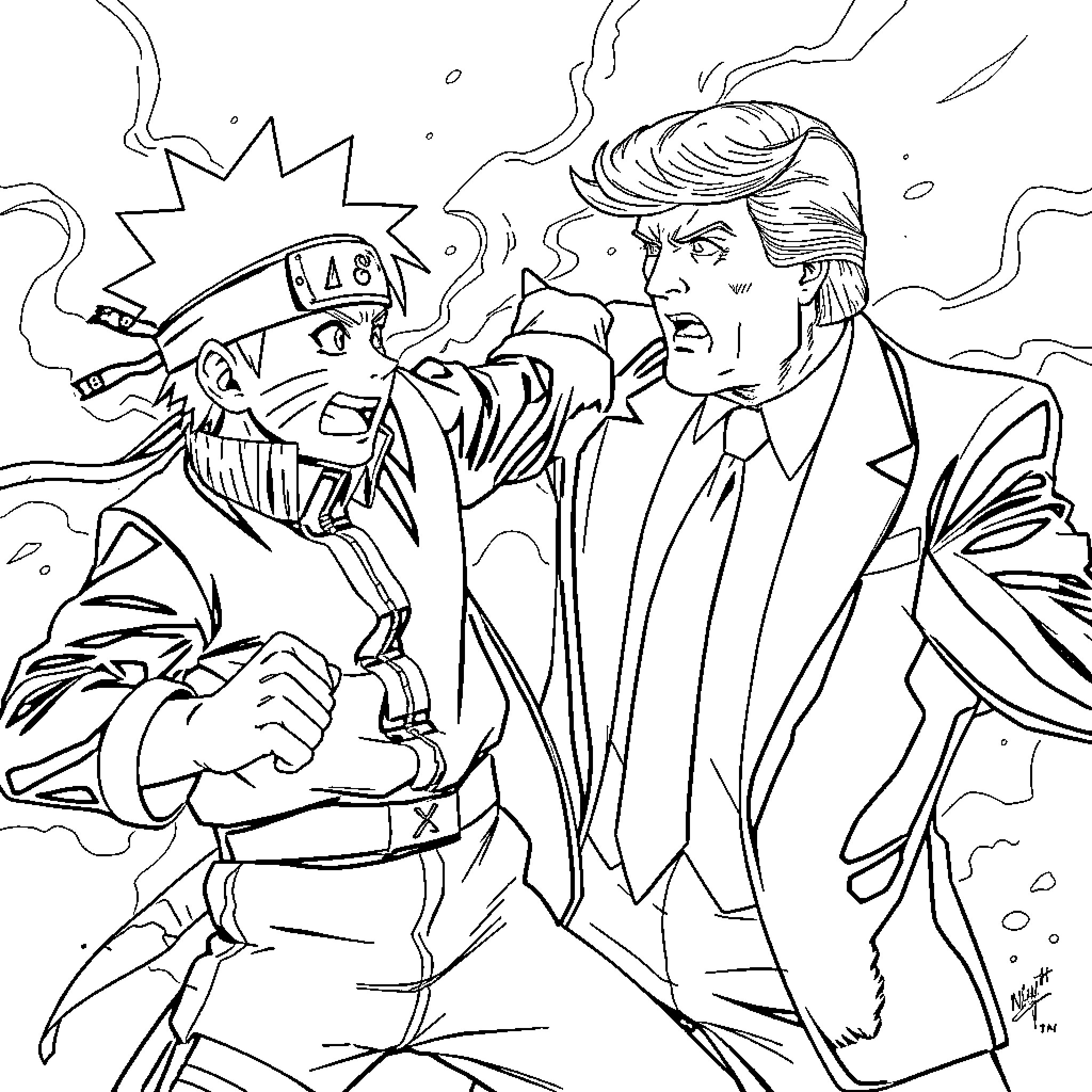 Naruto meets a powerful figure in a tense confrontation Coloring Page (free black-and-white line drawing printable PDF for all, from beginners to advanced learners, including children, teens, adults, and seniors)