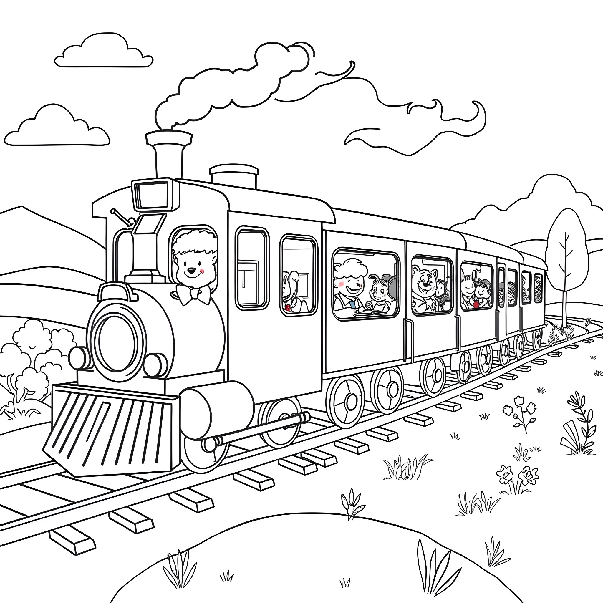 Train carrying happy passengers through scenic countryside Coloring Page (free black-and-white line drawing printable PDF for all, from beginners to advanced learners, including children, teens, adults, and seniors)
