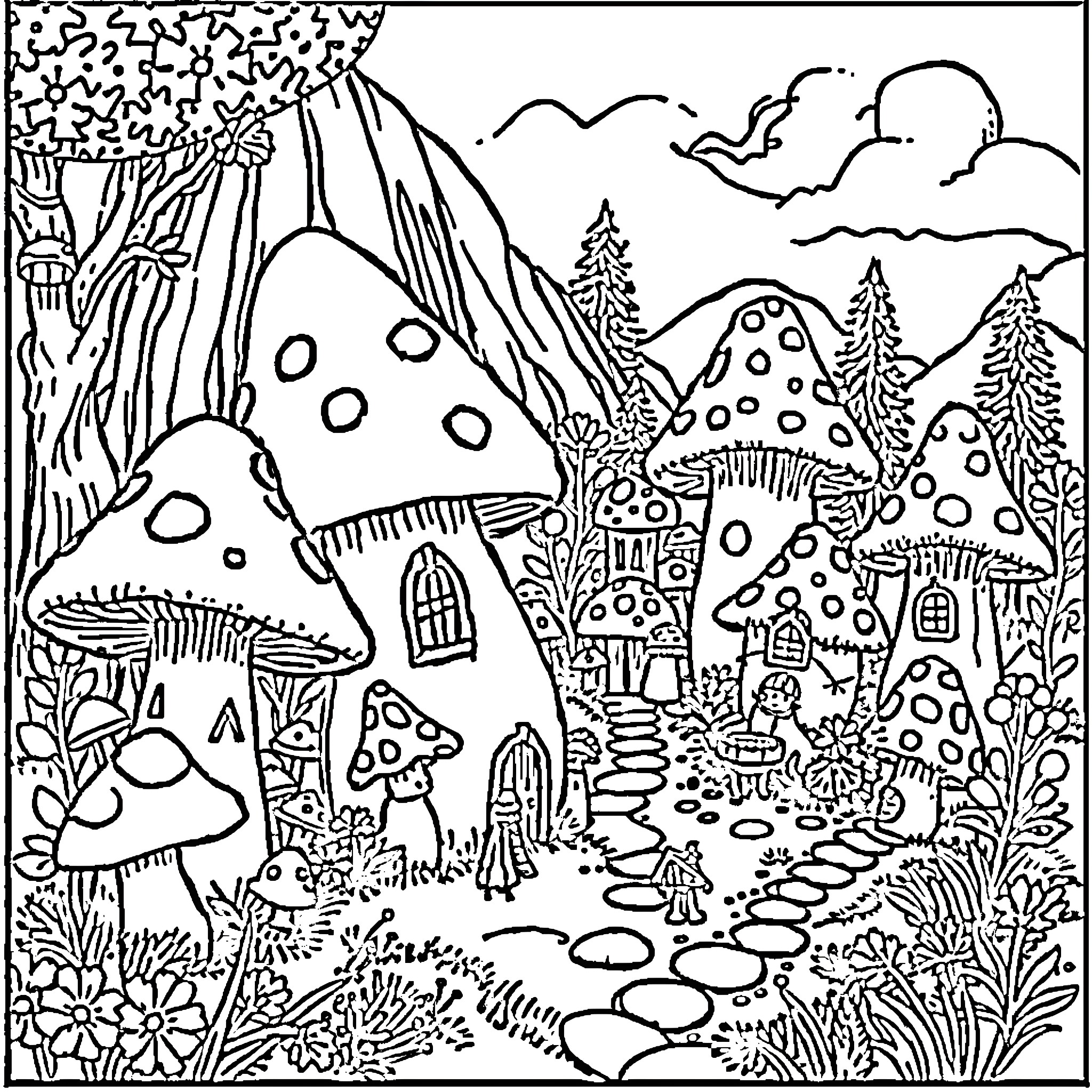 Mushroom Dwellings in Enchanted Forest Coloring Page (free black-and-white line drawing printable PDF for all, from beginners to advanced learners, including children, teens, adults, and seniors)