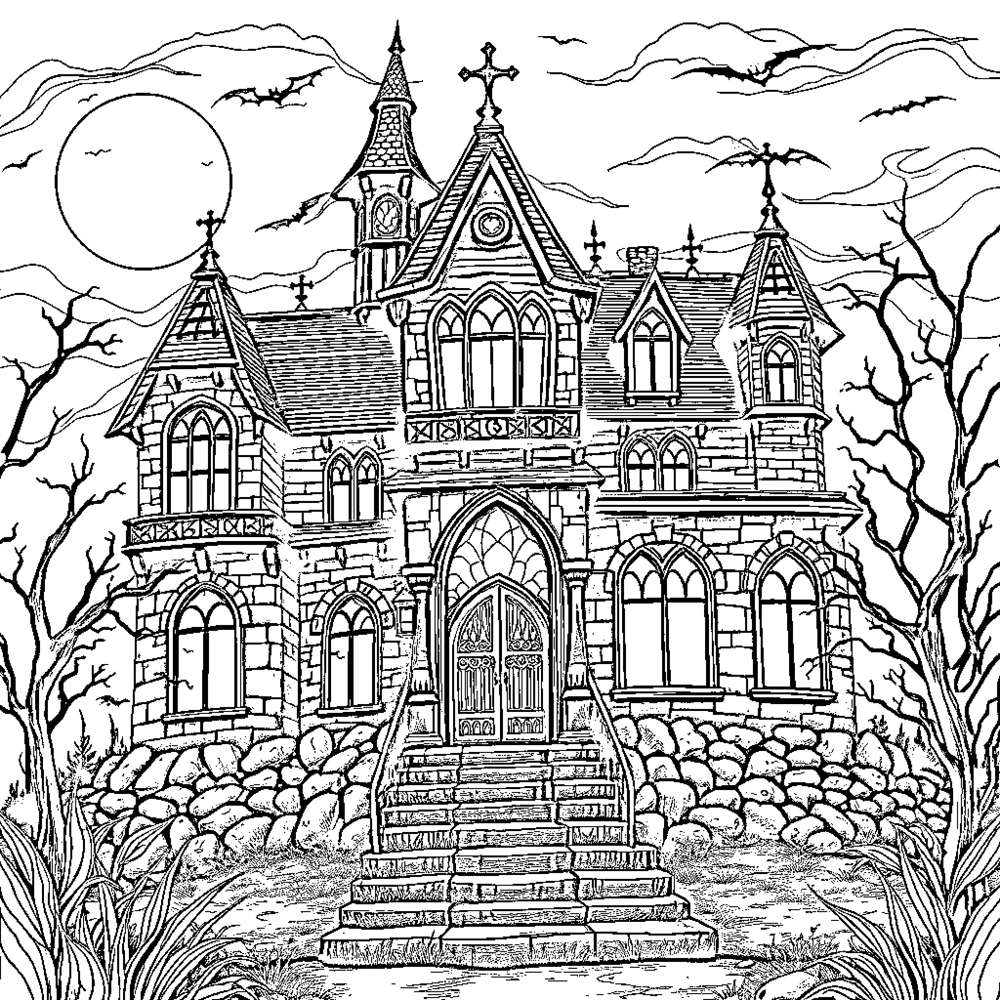 Mansion of Gothic Architecture with Haunting Atmosphere Coloring Page (free black-and-white line drawing printable PDF for all, from beginners to advanced learners, including children, teens, adults, and seniors)