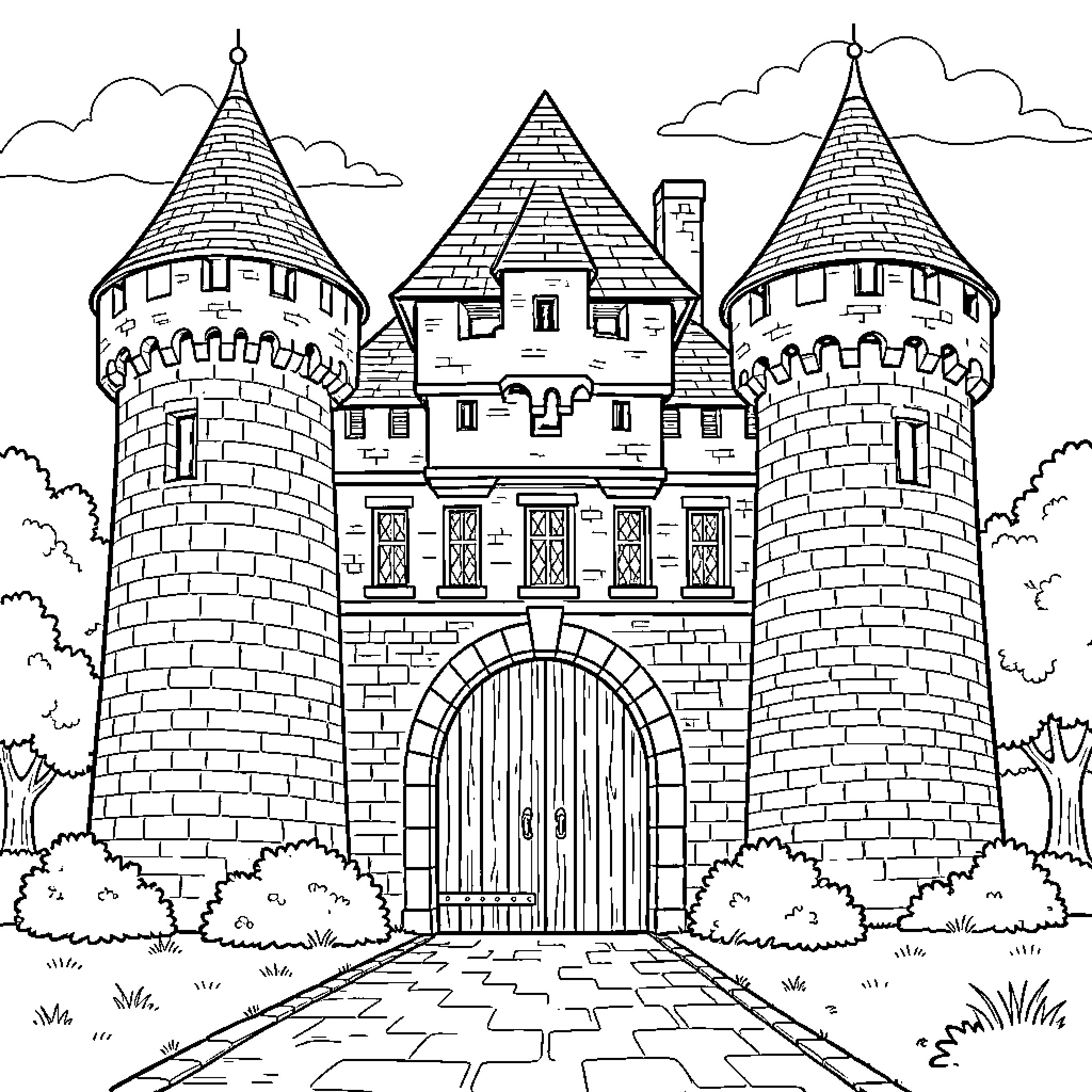 Château standing grandly with tall towers and stone walls Coloring Page (free black-and-white line drawing printable PDF for all, from beginners to advanced learners, including children, teens, adults, and seniors)