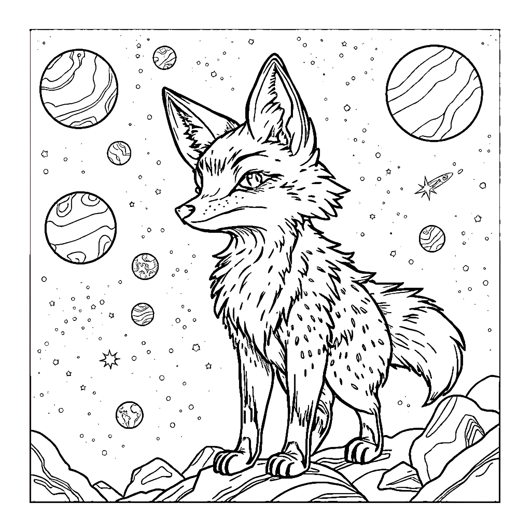 Fox observing the mysterious planets in the cosmos Coloring Page (free black-and-white line drawing printable PDF for all, from beginners to advanced learners, including children, teens, adults, and seniors)