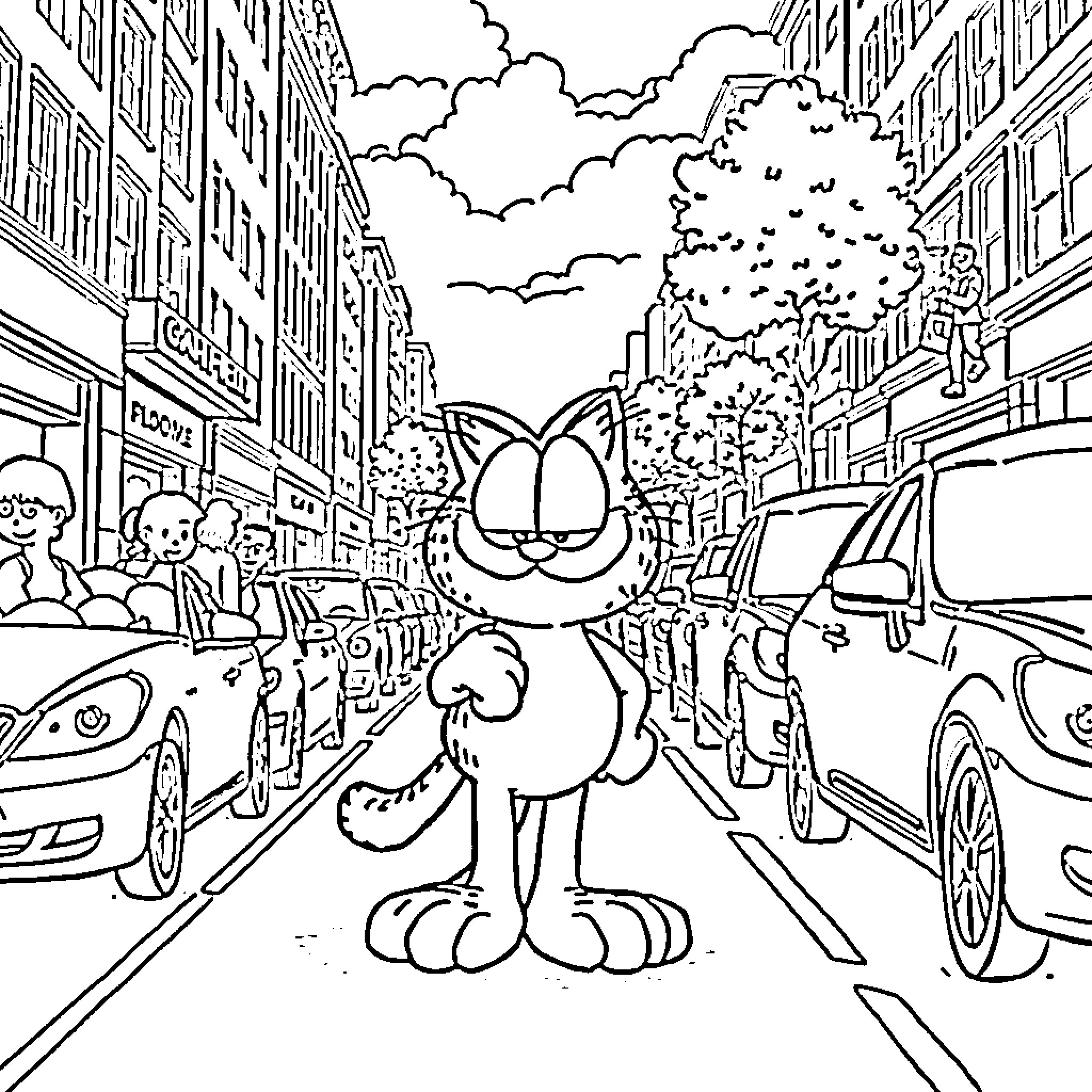 Garfield's Mischievous Adventure in the City Coloring Page (free black-and-white line drawing printable PDF for all, from beginners to advanced learners, including children, teens, adults, and seniors)
